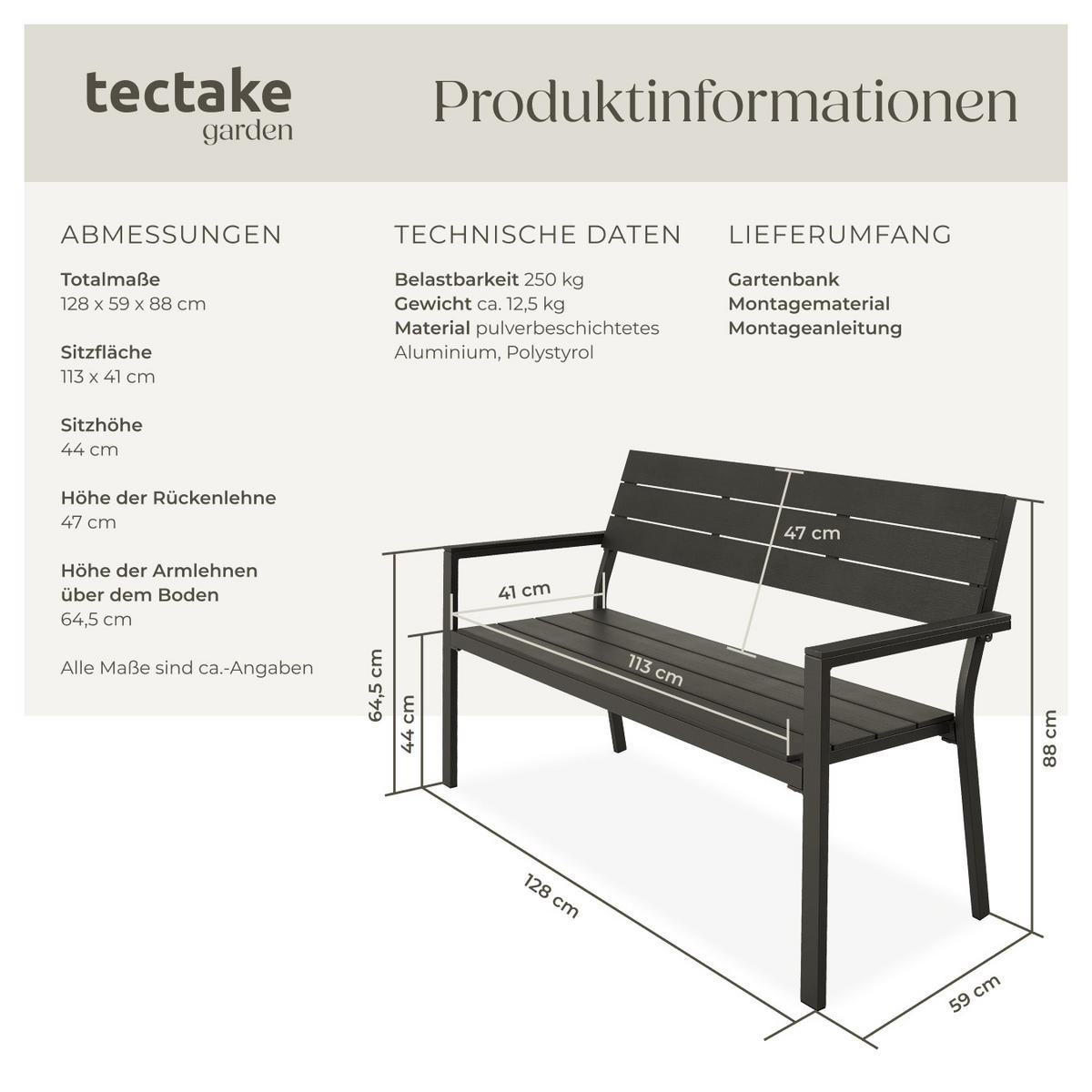 GARTENBANK Line,128 x 59 x 88 cm,dunkelgrau - Dunkelgrau, Metall (59/88/128cm) - tectake