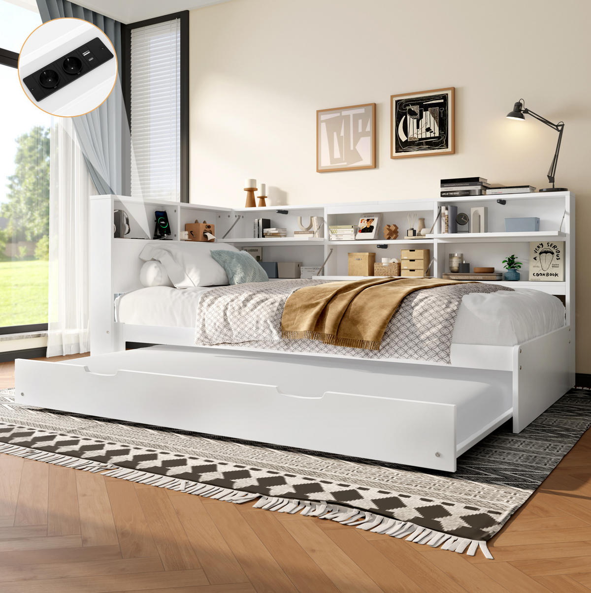 POLSTERBETT 90/200 cm mit Ausziehbett, Kopfteil mit Stauraum und USB-/Typ-C-Anschluss, Weiß - Weiß, Holz (90/200cm) - Redom