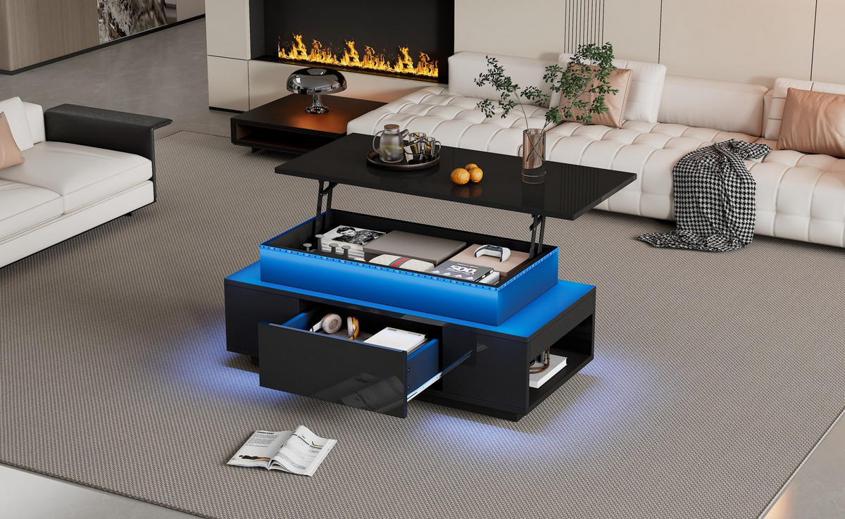 COUCHTISCH, höhenverstellbar, Hochglanz-Spanplatte mit LED & verstecktem Stauraum, 96/45/40 cm, Schwarz - Schwarz, Holzwerkstoff (96/45/40cm) - Redom