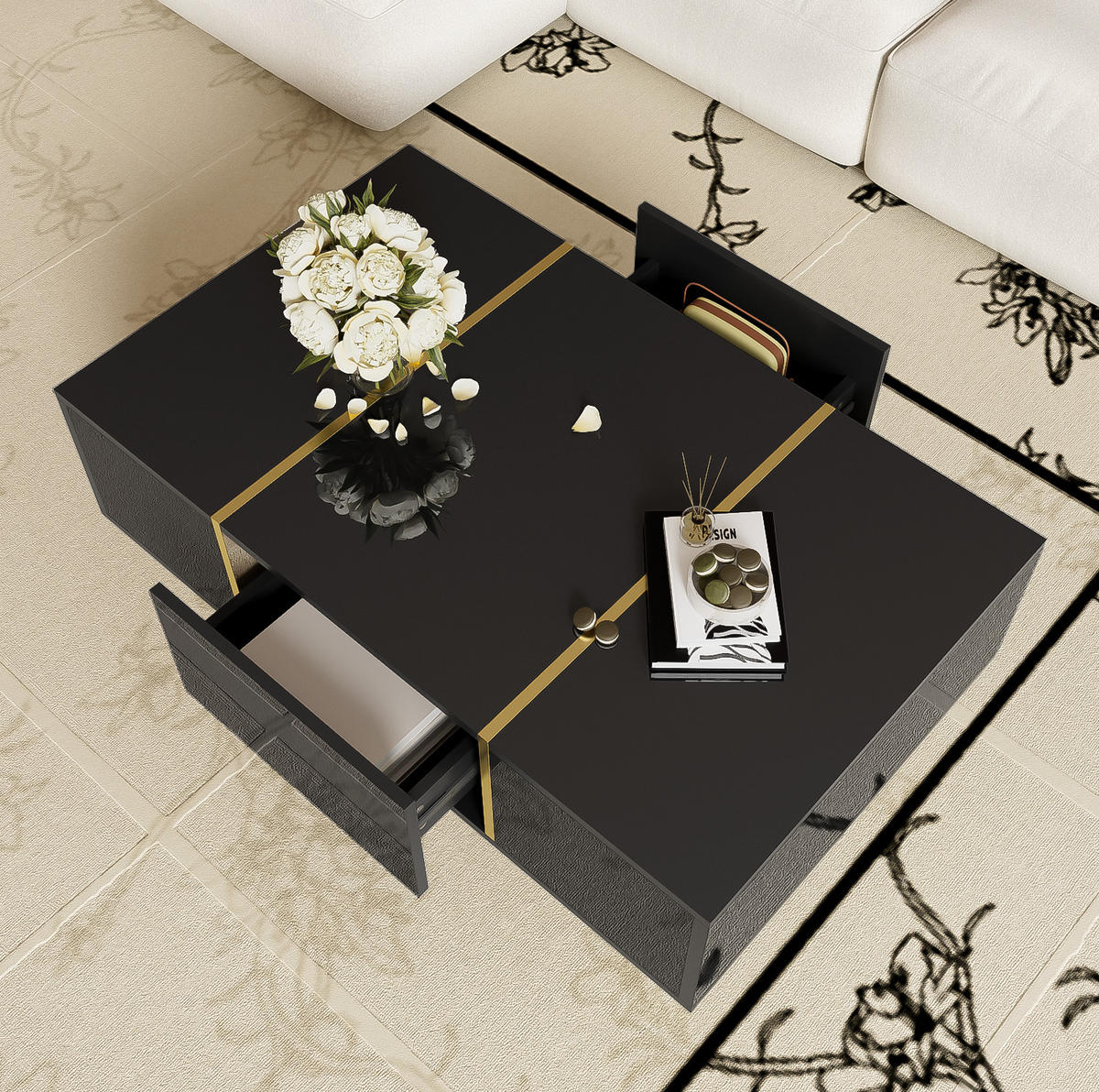 COUCHTISCH 100/60/41,5 cm mit 2 Schubladen, Hochglanz-Design und goldfarbenen Metallelementen, Schwarz - Schwarz, Holzwerkstoff (100/60/41.5cm) - Redom