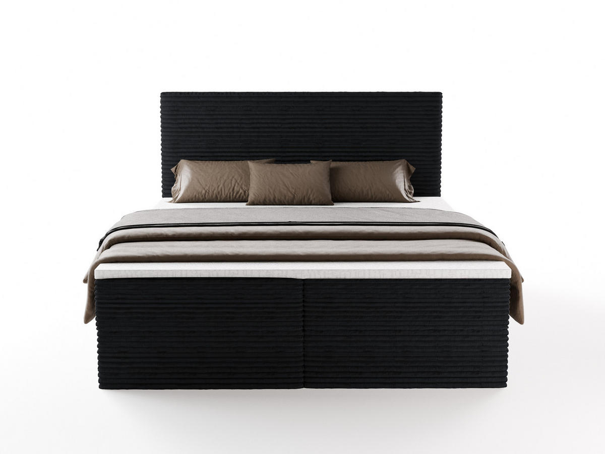 BOXBETT RAVENO mit Bettkasten 160x200 cm inkl. Bonell-Federkernmatratze H3 und Topper – Polsterbett Stoff ASTI Schwarz - Schwarz, Textil (160/200cm) - Luxkor24