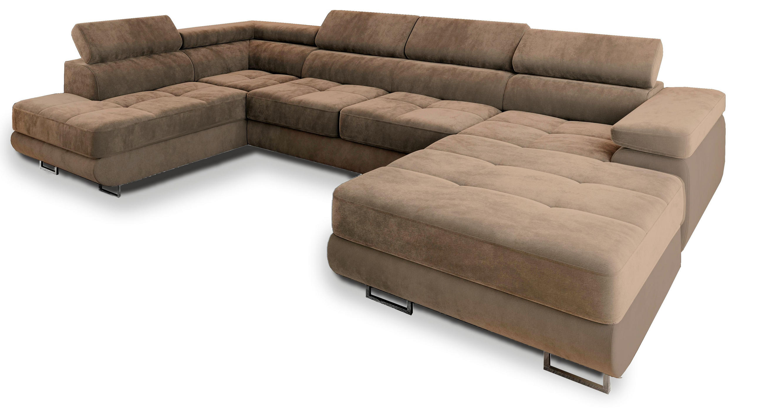 WOHNLANDSCHAFT CASONE L-S Beige Velours-Stoff mit Schlaffunktion - Beige, Holz (345/90/202cm) - MASSENO