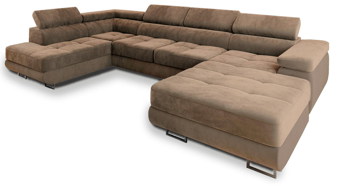 WOHNLANDSCHAFT CASONE L-S Beige Velours-Stoff mit Schlaffunktion - Beige, Holz (345/90/202cm) - MASSENO