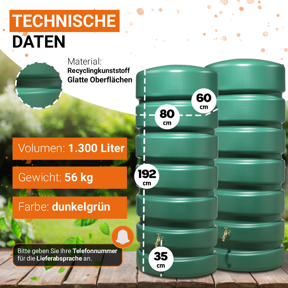 O Regentonnen-Set 1300 L, dunkelgrün 2 x O 650 L, inkl. Verbinder - Grün, Kunststoff (60/192/165cm) - GARANTIA