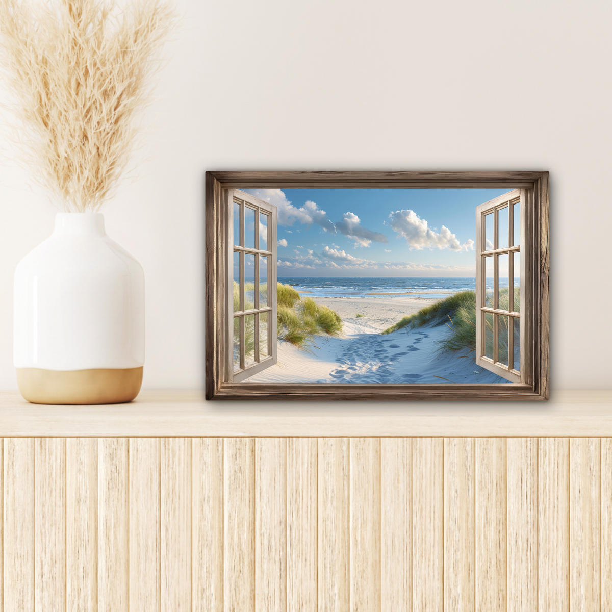 LEINWANDBILD Aussicht - Strand - Fenster - Dünen - Meer 30x20 cm - Hellblau, Textil (30/20cm) - MuchoWow