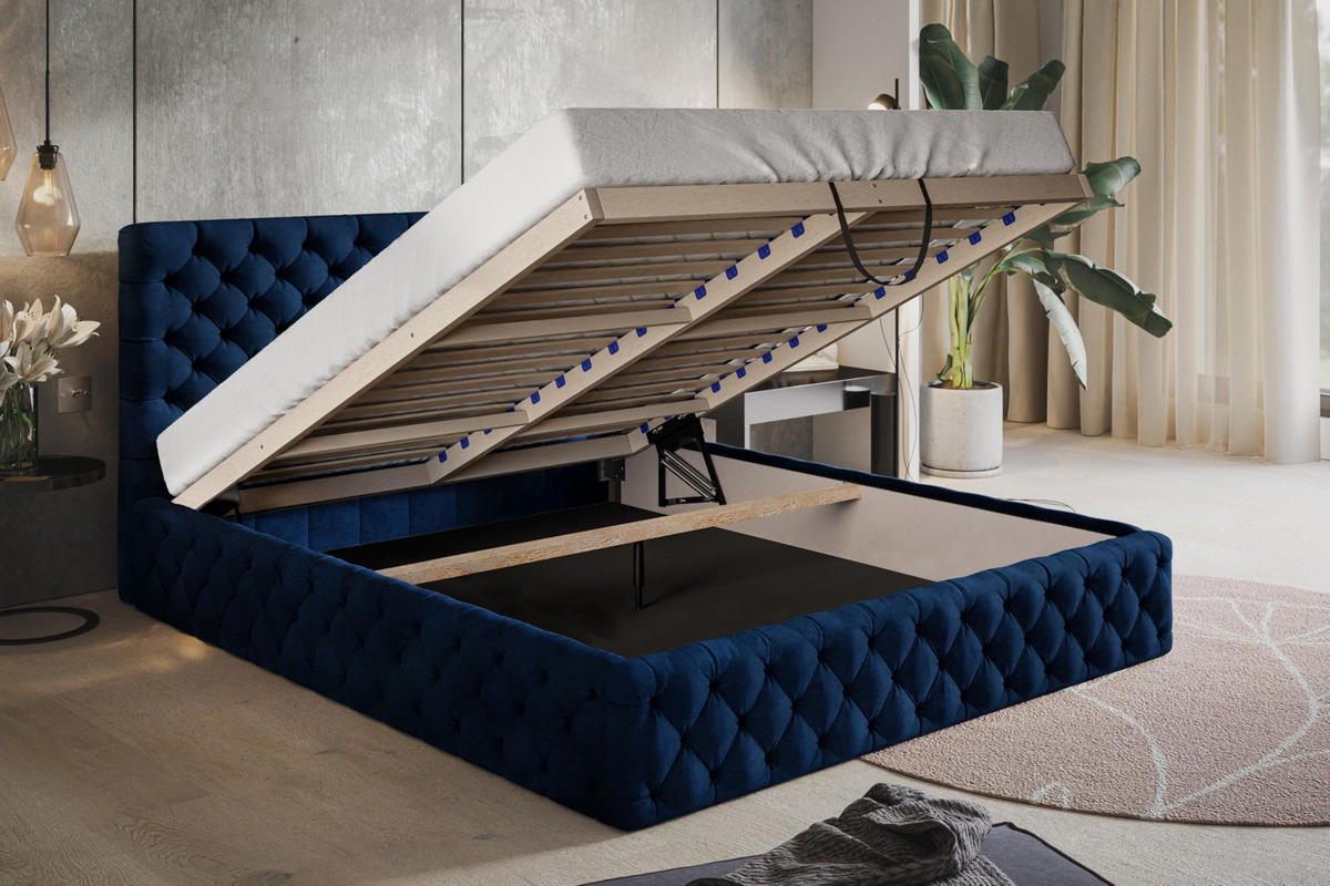 BETT 140x200 - Polsterbett mit Bettkasten und Holzrahmen - Elegant Betten - Glatter Kronos-Stoff - Kollektion Miami, Blau - AlpiMeble - Dunkelblau, Holz/Kunststoff (140/200cm) - Alpi-Möbel