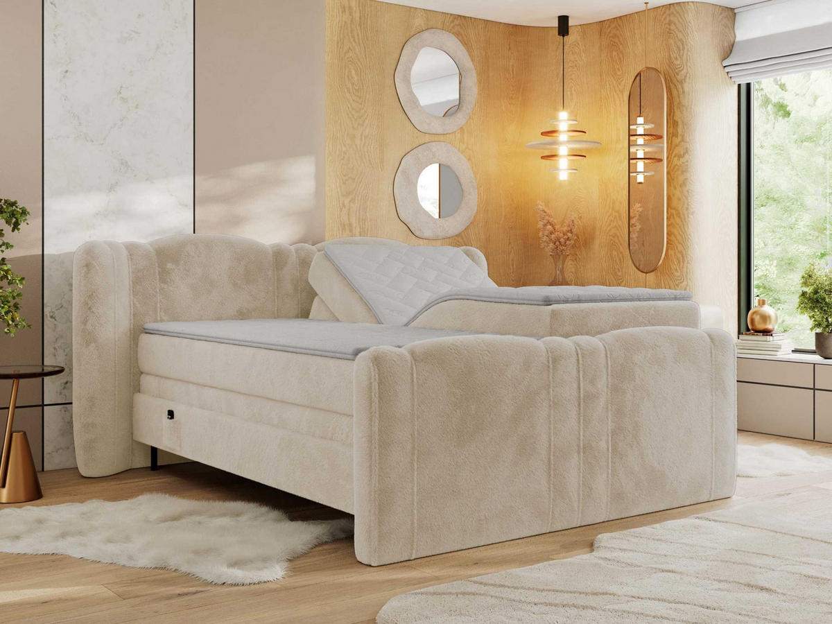 BOXBETT FORTINA 180/200 - Creme Plüsch - H3 - Creme, Holz/Textil (180/200cm) - MKS