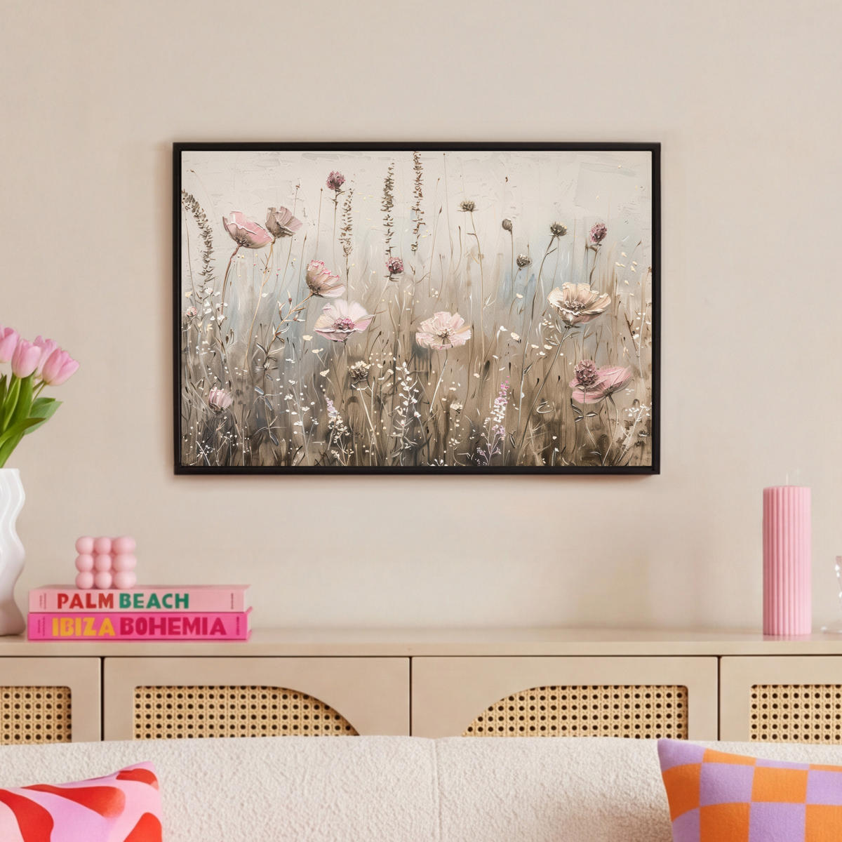 LEINWAND Bilder mit Rahmen - Blumen - Rosa - Modern - Beige - 60x40 - Beige, Textil (60/40cm) - MuchoWow
