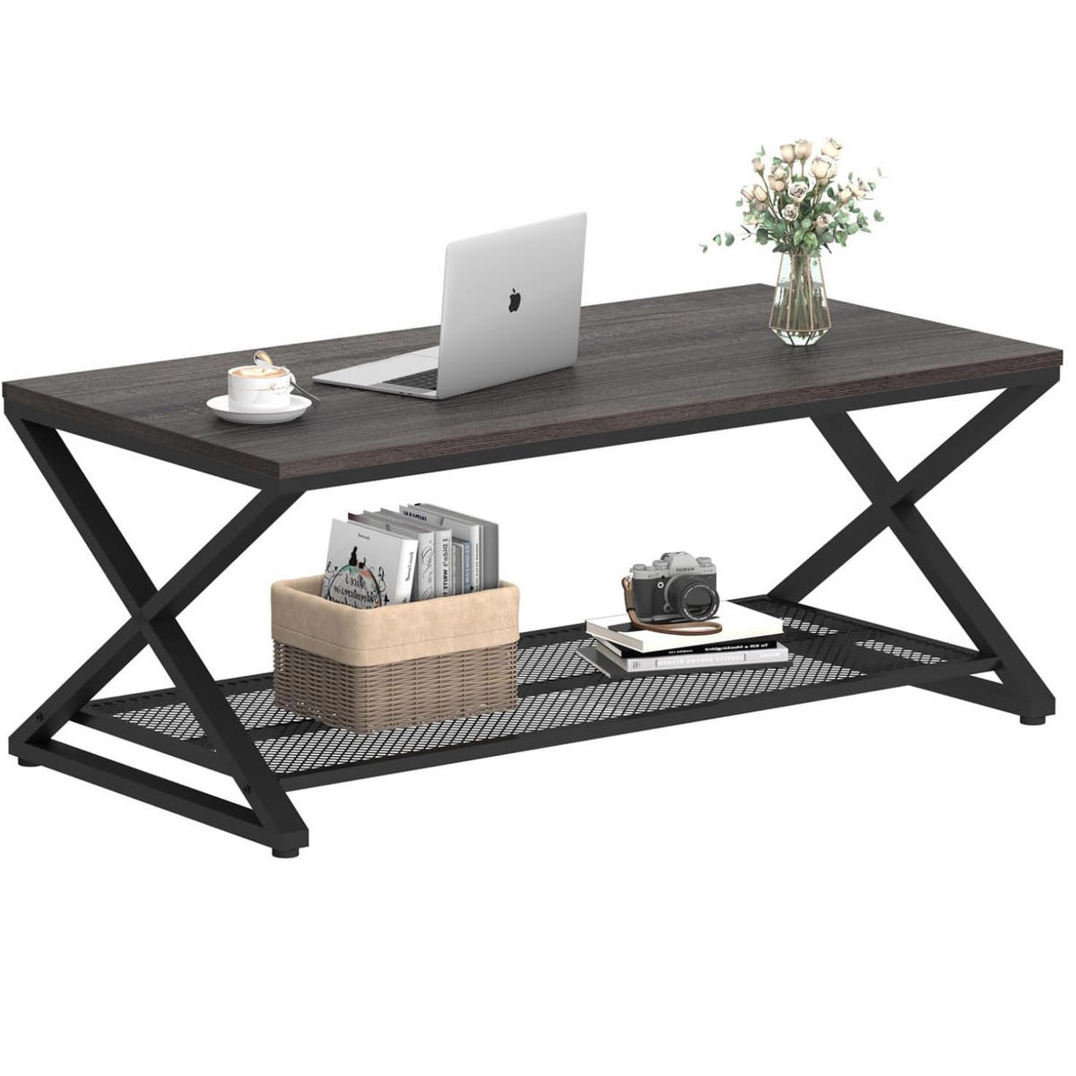 COUCHTISCH Holz Metall Industrial mit Ablage 120 x 60 x 45 cm - Dunkelgrau, Holzwerkstoff/Metall (60/120/45cm) - Quality Elegance