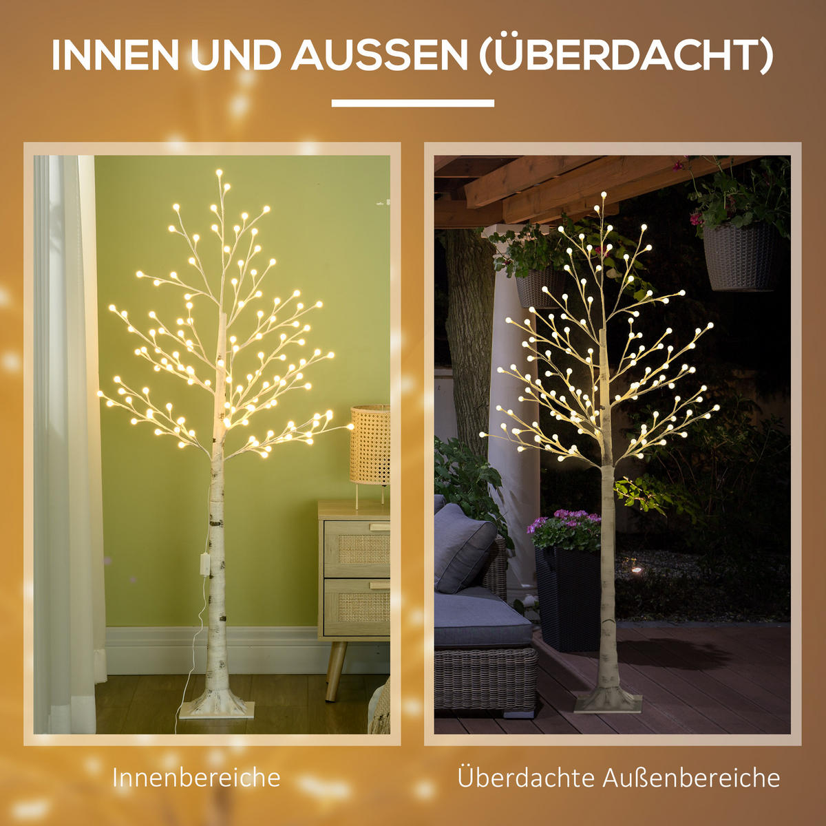 150 cm Lichterbaum, Birkenbaum mit 120 Warmweiß 3 Helligkeitsstufen LED IP44 - Weiß, Kunststoff (20/150/20cm) - HOMCOM