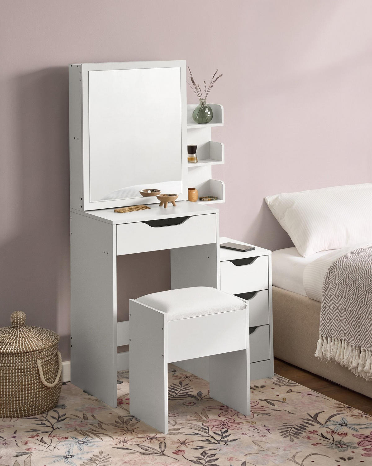 SCHMINKTISCH mit Spiegel und Hocker Weiß Gatineau - Weiß, Holzwerkstoff (76/132/40cm) - Beliani