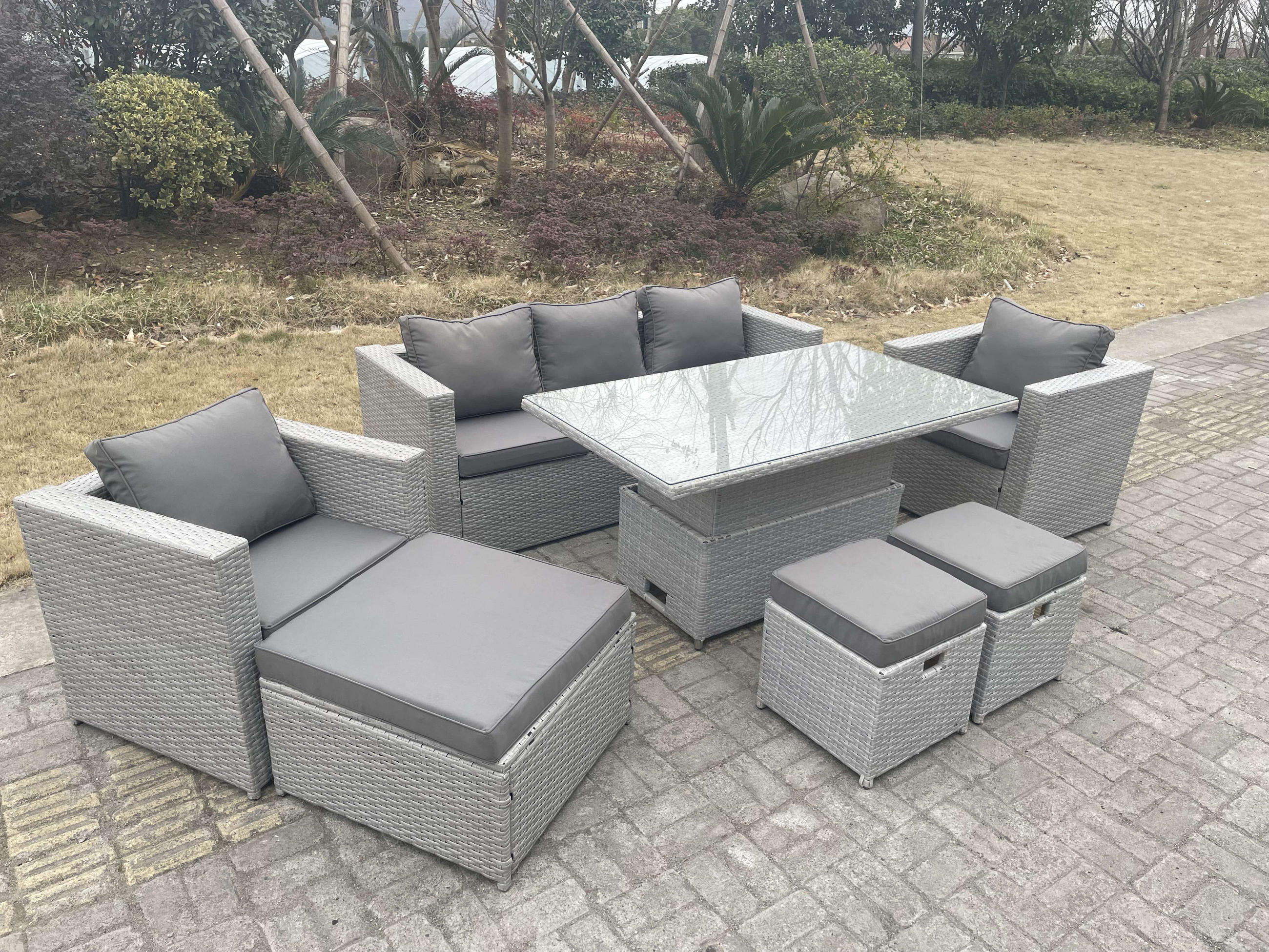 GARTENMÖBEL SET mit höhenverstellbarer Tisch Polyrattan Helles Grau 7-teilige - Hellgrau, Metall - Fimous