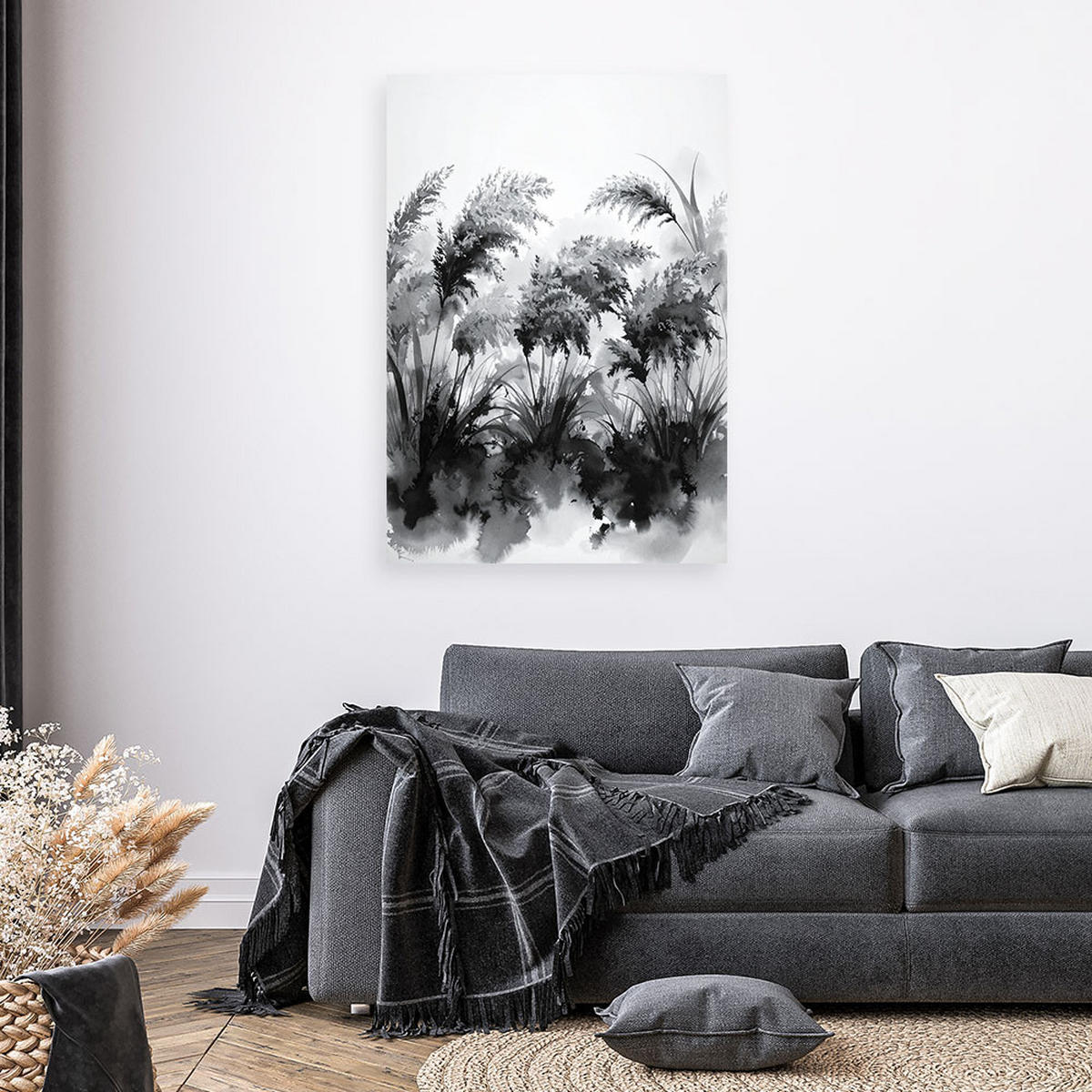 LEINWANDBILD Pampasgras Schwarz-Weiß 80x120cm - Schwarz, Textil (80/120cm) - Feeby