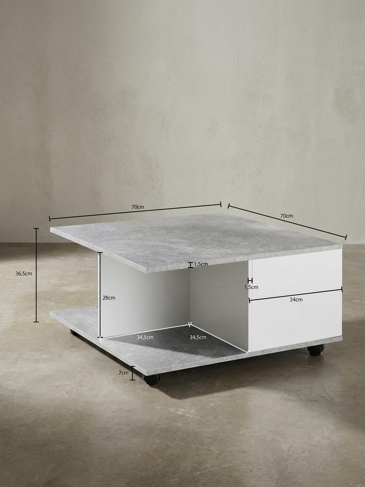 COUCHTISCH mit Rollen, Melaminharzbeschichtung und 2 Schubladen, Grau 70x70x36 cm - Grau, Holz (70/70/36cm) - KADIMA DESIGN