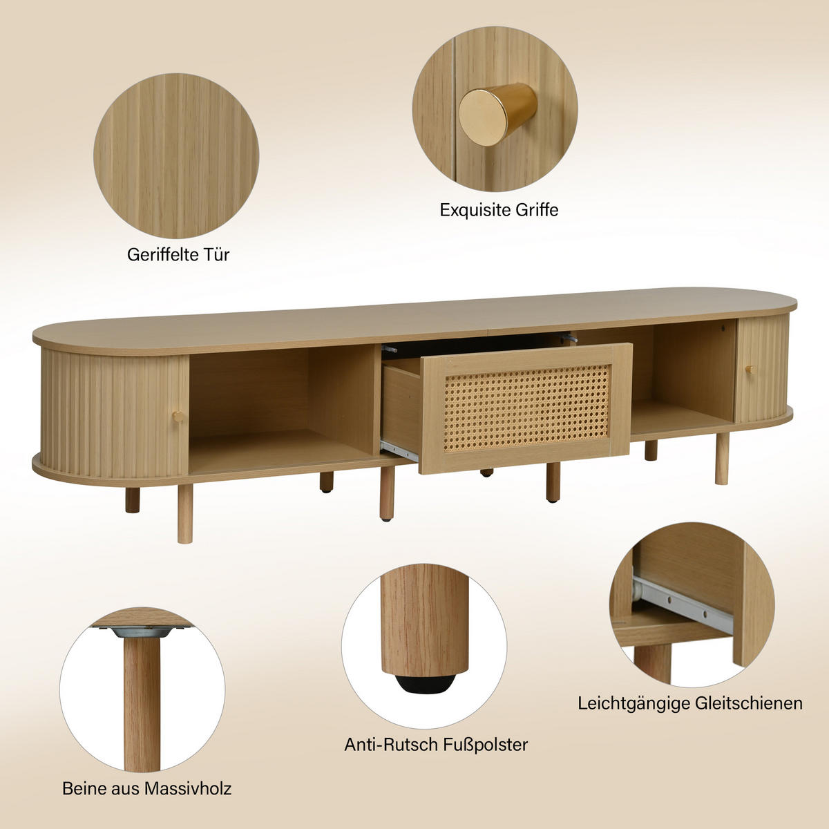 LOWBOARD Holzoptik Rattan Oval mit Schiebetür & Schublade für 75 Zoll TV - Naturfarben, Holzwerkstoff (180/40/40cm) - Urban Meuble