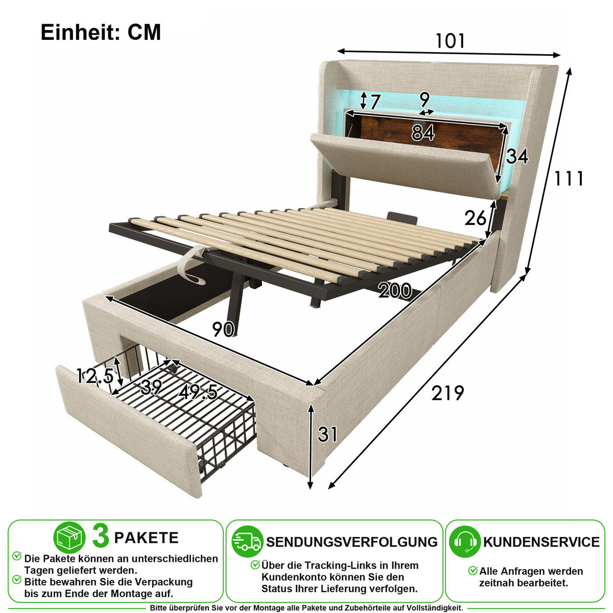 POLSTERBETT 90/200 cm in Beige Leinen mit Schublade, LED, USB und Matratze - Beige, Holzwerkstoff/Textil (90/200cm) - CHICFURN