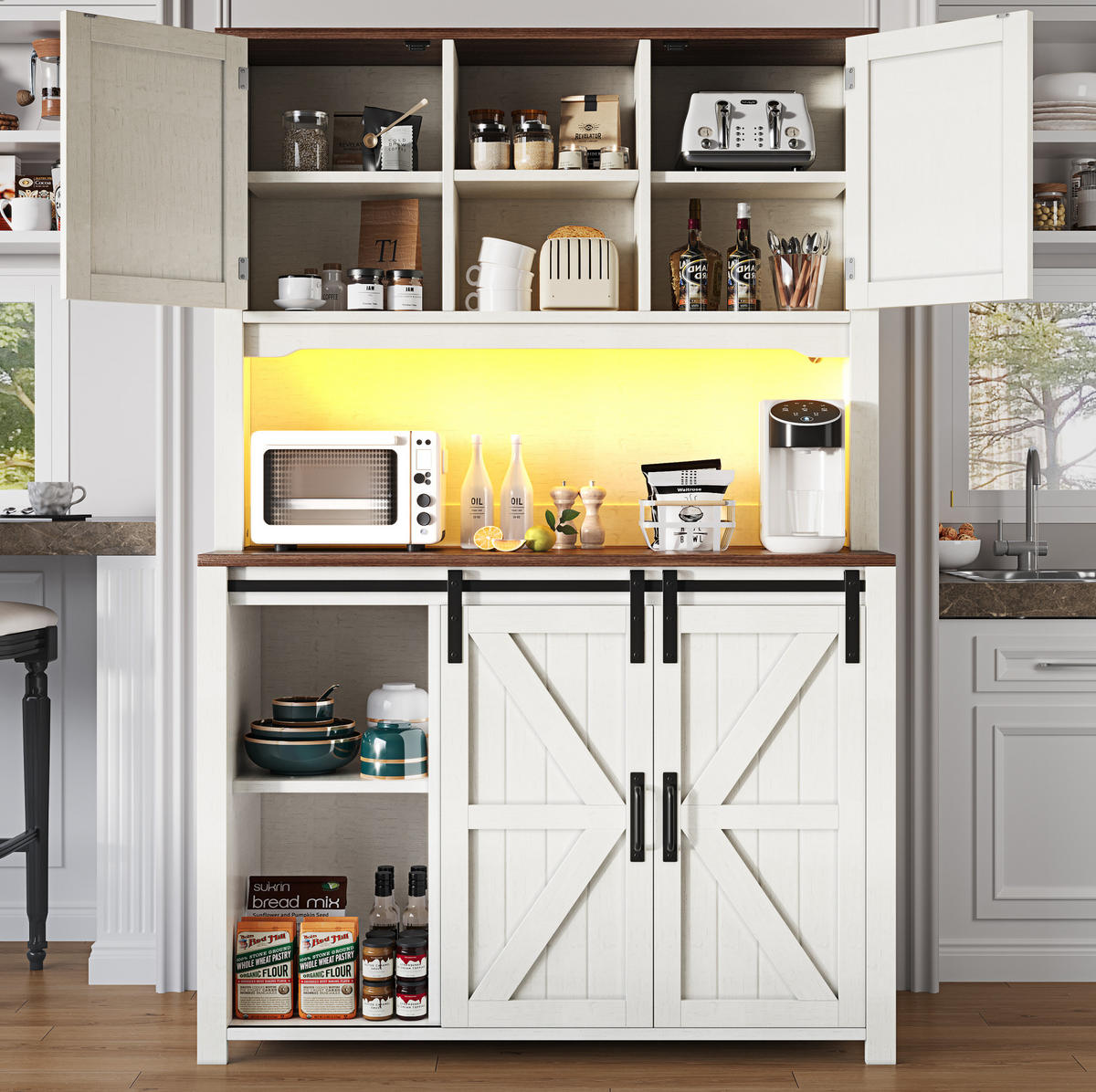 BUFFET 115/40/174,7 cm aus MDF und Metall mit LED-Beleuchtung Weiß - Weiß, Holzwerkstoff (115/174.7/40cm) - Modenvie