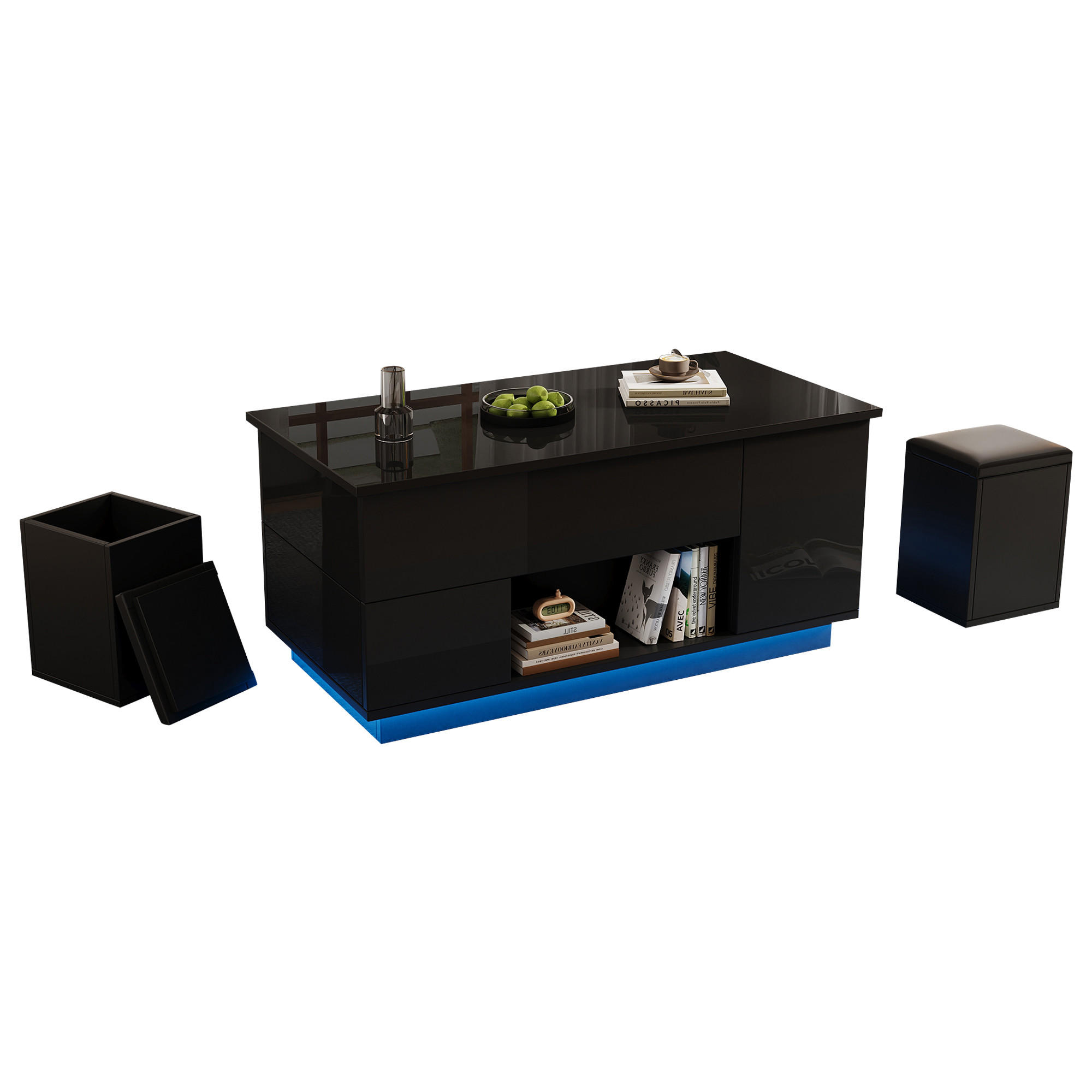 STILVORA KONFERENČNÍ STŮL v černé barvě s LED osvětlením a zásuvkami do obýváku, 100×50×45 cm