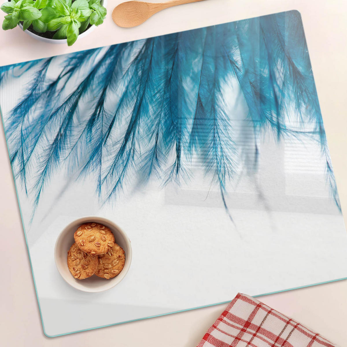 GLASPLATTE 60x52 cm Blaue Federn - Blau, Glas (60/0.4/52cm) - TULUP