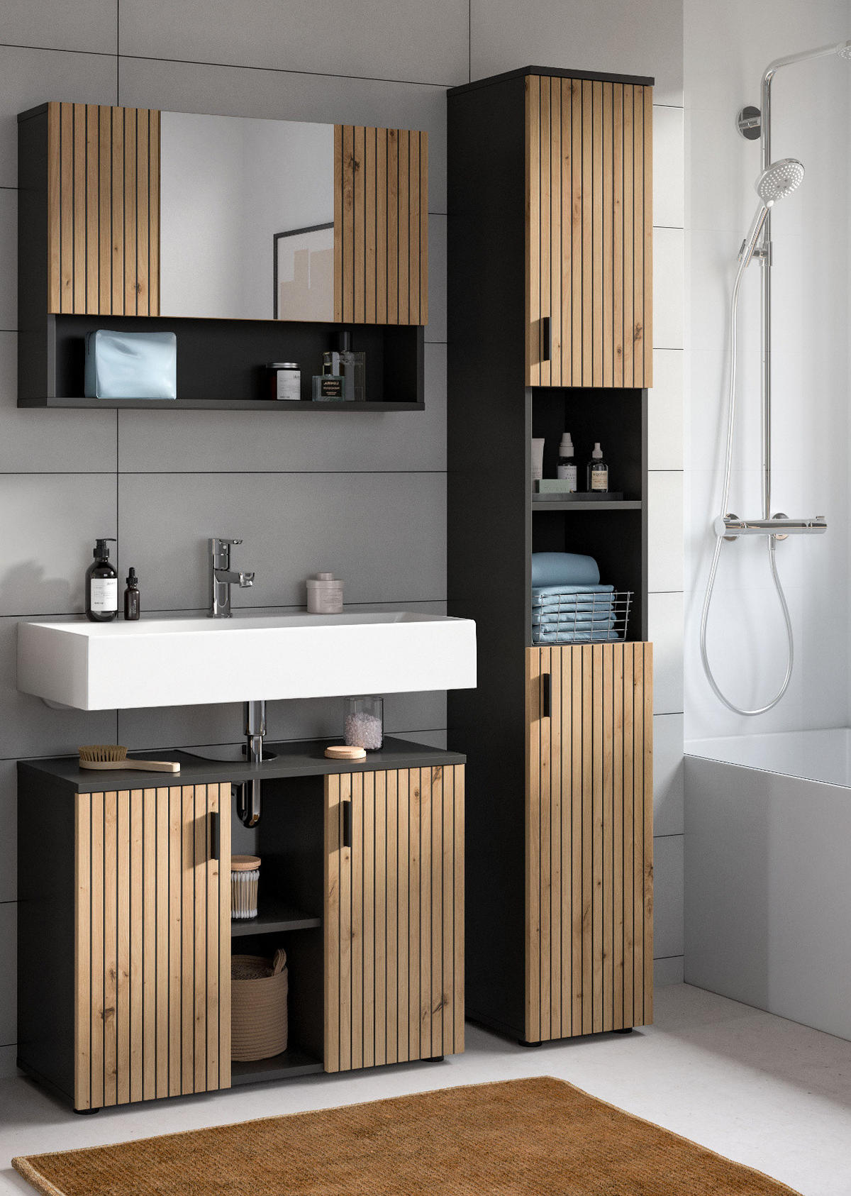 BADMÖBEL-SET Eiche, grau mit Rillen, Kombination 3-teilig 125 cm, Livia - Schwarz/Eiche Artisan, Glas/Holzwerkstoff (125/192/30cm) - Inn.Furn