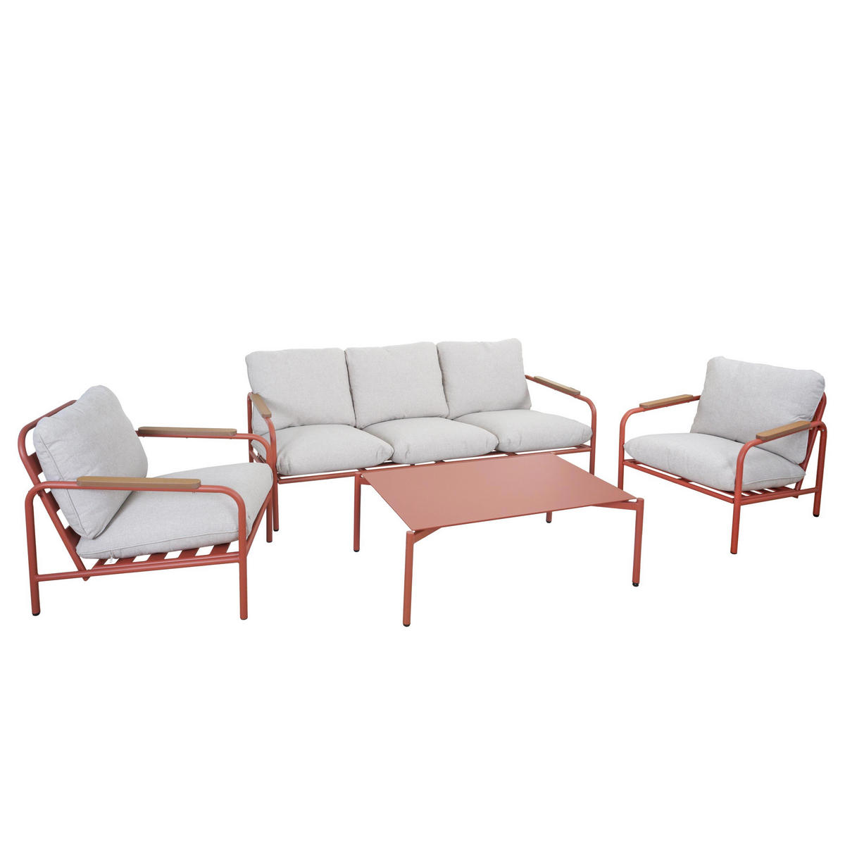 GARTENGARNITUR Rot, Beige 1x 3-Sitzer Gartenbank, 2x Sessel und 1x Tisch-Set - Beige/Rot, Metall - MCW
