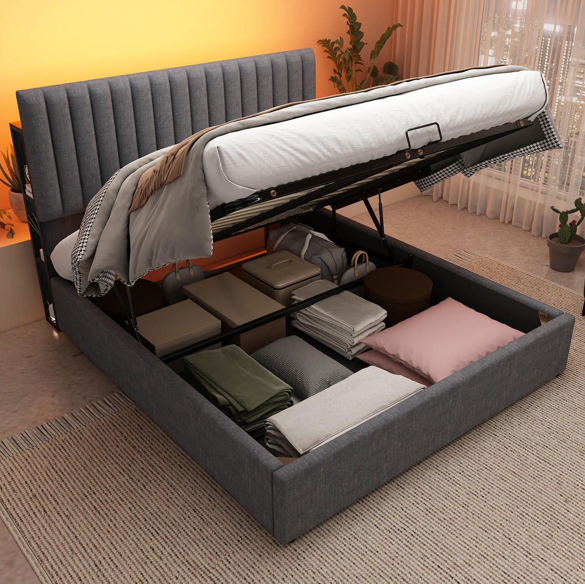 POLSTERBETT 140/200 cm mit LED, USB-Type-C, Stauraum, verstellbarem Kopfteil und Matratze, Grau - Grau, Textil (140/200cm) - Redom