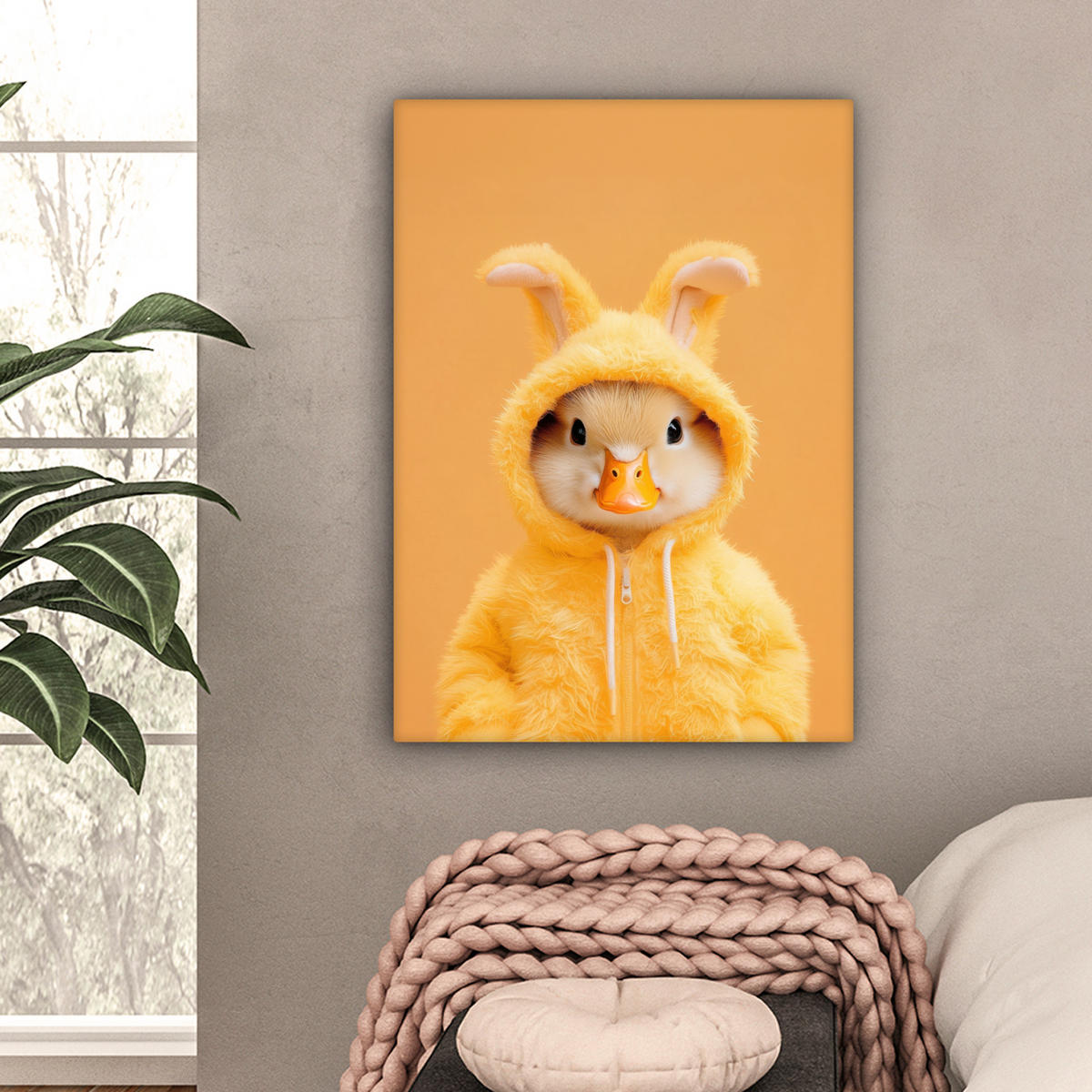 LEINWANDBILD Osterhase - Kostüm - Ente Wandbild Wohnzimmer 60x80 cm - Gelb, Textil (60/80cm) - MuchoWow