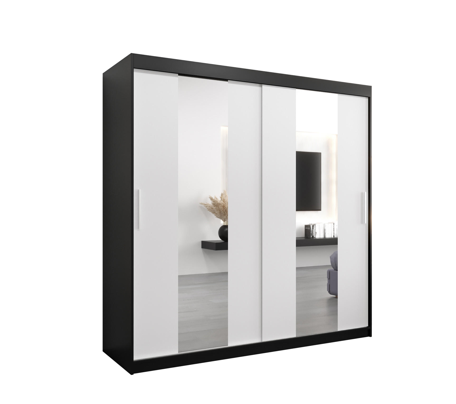 Abiks Möbel SCHWEBETÜRENSCHRANK Schwarz, Weiß 200cm × 62cm × 200cm