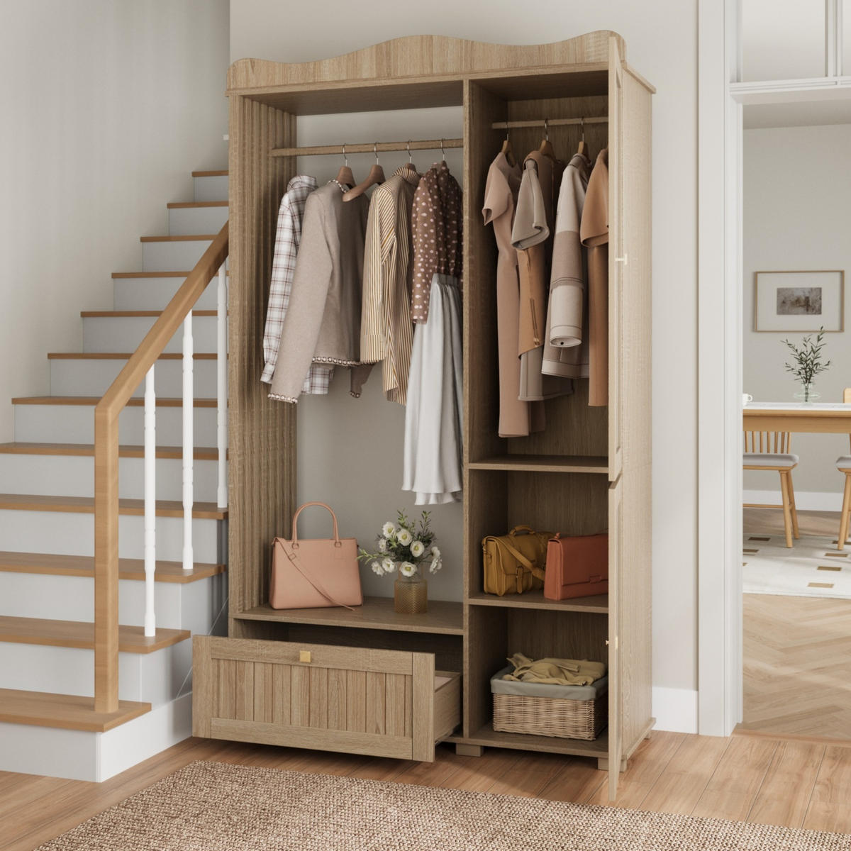 GARDEROBENSCHRANK Spiegel Kleiderstange Schublade - Eichefarben, Holz (115.5/194.5/38.5cm) - Fortuna Lai