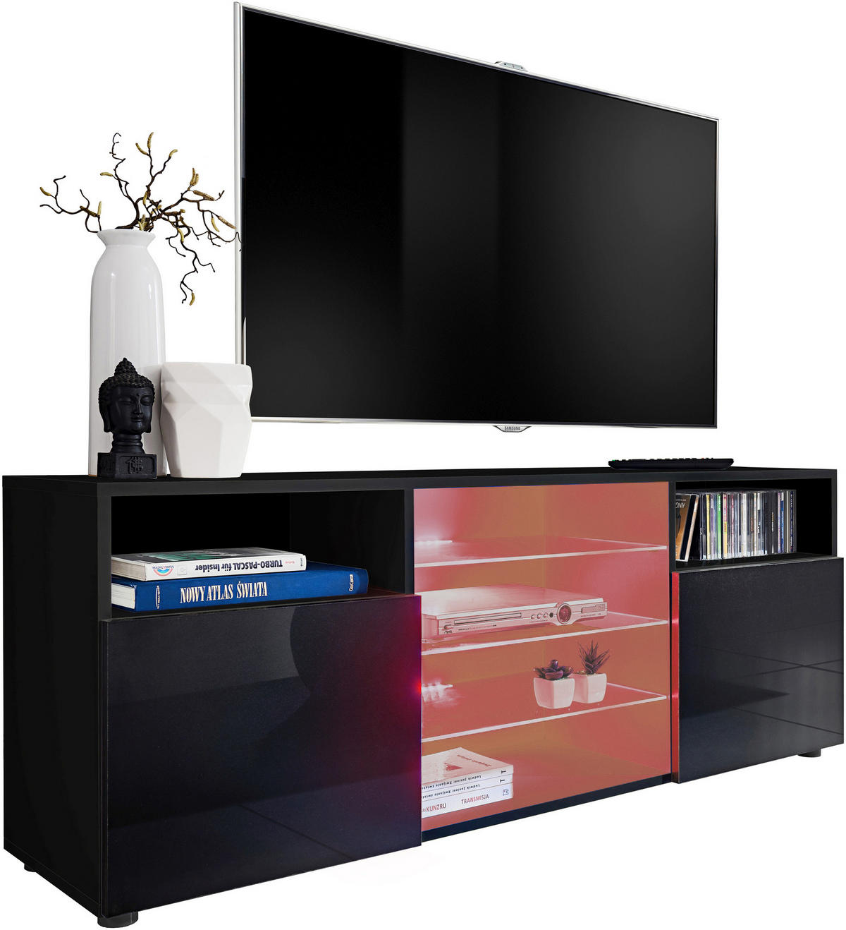 SIDEBOARD TV URBINO Black, LED Beleuchtung Mehrfarbige - Schwarz, Glas/Holzwerkstoff (140/53/35cm) - Komodee