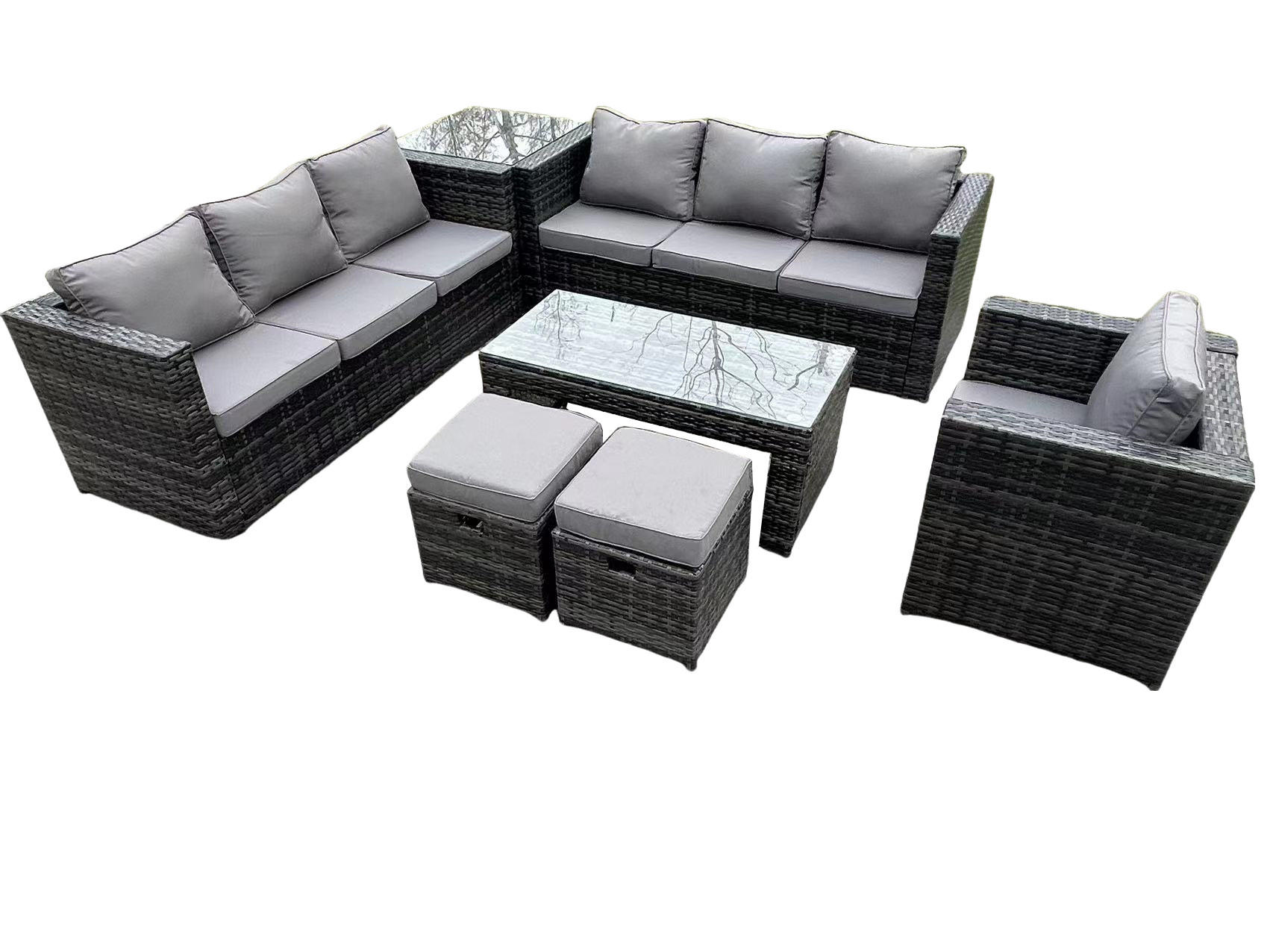 GARTENMÖBELSET mit Couchtisch Polyrattan 9-Sitzer - Dunkelgrau/Grau, Glas/Kunststoff - Fimous