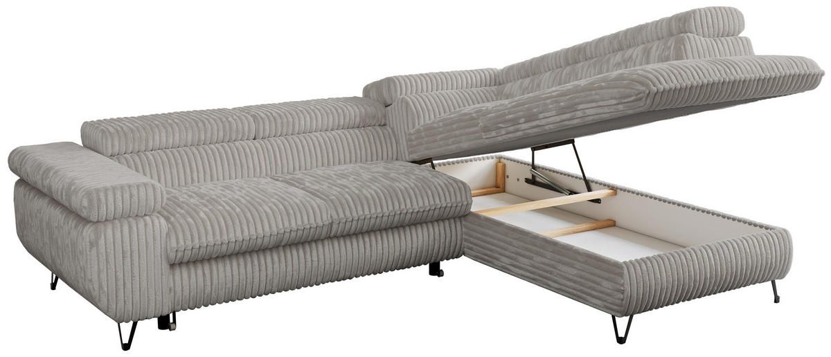 ECKSOFA PETER L Hellgrau Cord - Rechts Seite - Hellgrau/Schwarz, Textil/Metall (273/208cm) - MKS