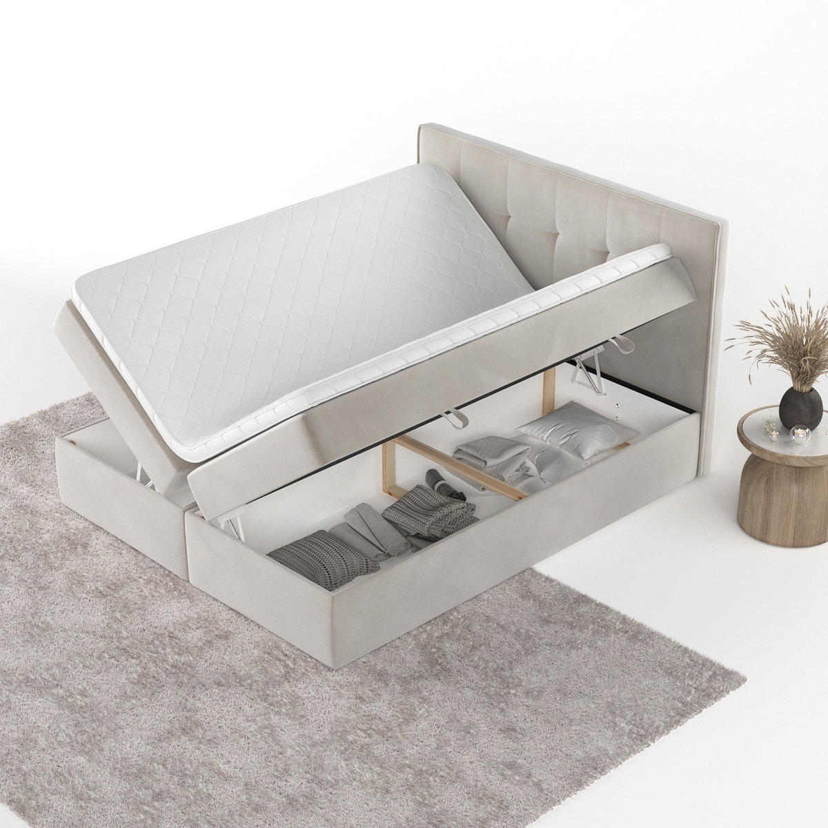 BOXBETT Mireo 140/200 cm Hellbeige im Paros Stoff - Beige/Schwarz, Holz/Holzwerkstoff (140/200cm) - AltaBeds