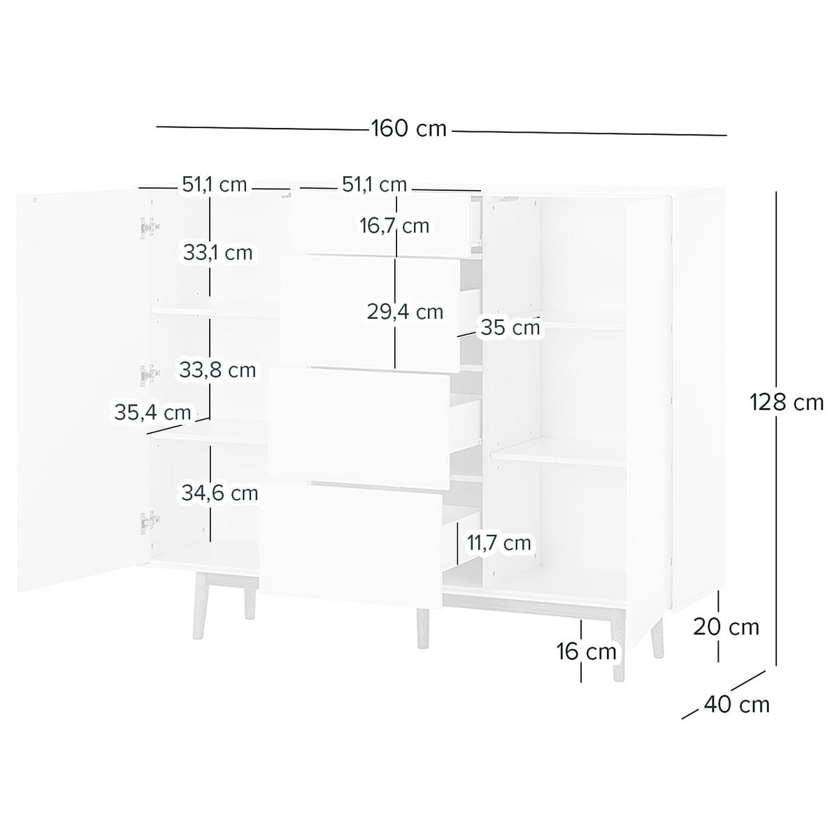 HIGHBOARD mit 4 Schubladen - Weiß / Eiche - 160/128/40 cm - Eichefarben/Weiß, Holz/Holzwerkstoff (160/128/40cm) - home24