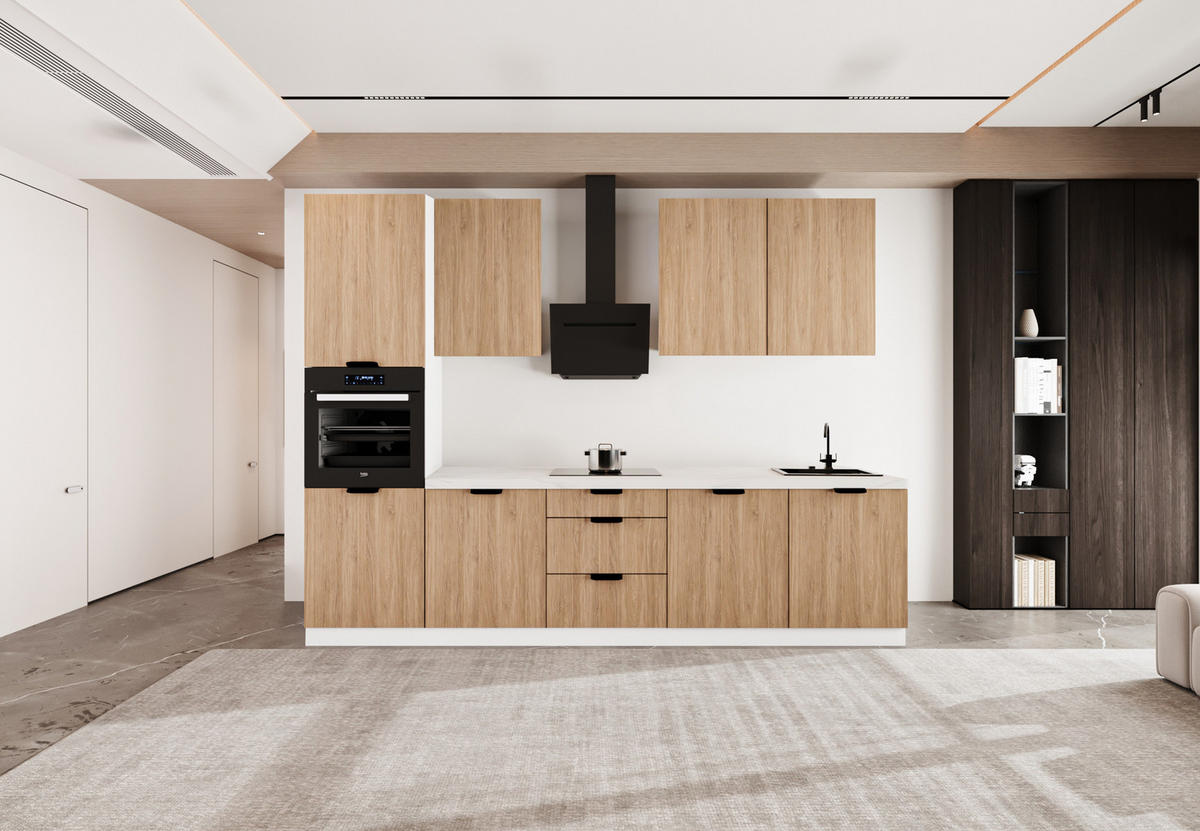 KÜCHENZEILE 300 cm - Sorento KS1-M300 - in Weiß/Sonoma Eiche - Beige/Schwarz, Holz (300/247/58cm)