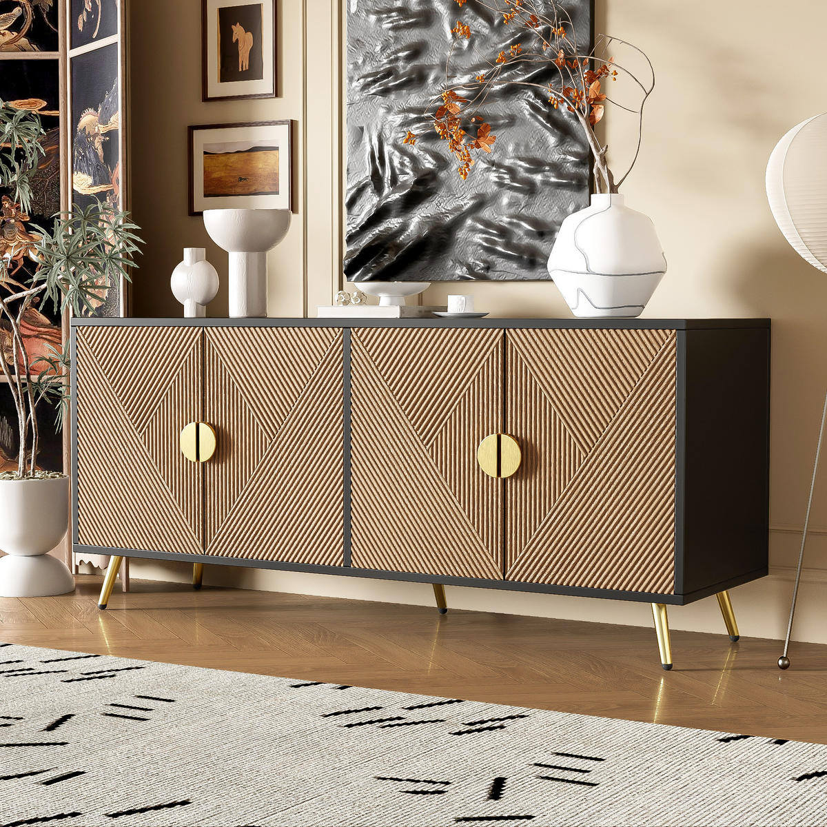 SIDEBOARD 160 cm 4 Türen Goldgriffe - Schwarz, Holz (160/75/40cm) - LEBENLANG
