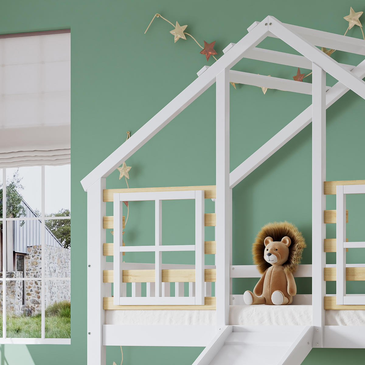 ETAGENBETT 90/200 cm Weiß Blockhaus mit Rutsche und Gitter aus Massivholz - Weiß, Holzwerkstoff (90/200cm) - OKWISH