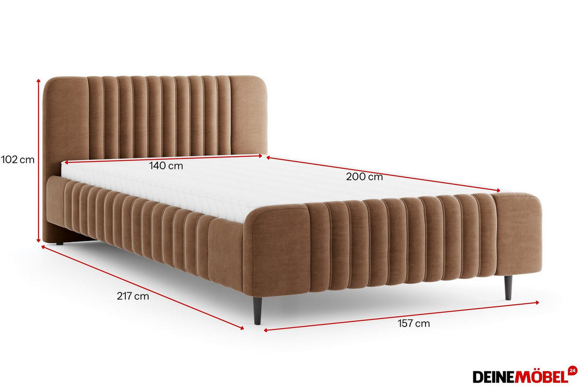 POLSTERBETT AURO 12 140/200 cm in Velours Braun - Braun, Holzwerkstoff (140/200cm) - Deine Möbel 24