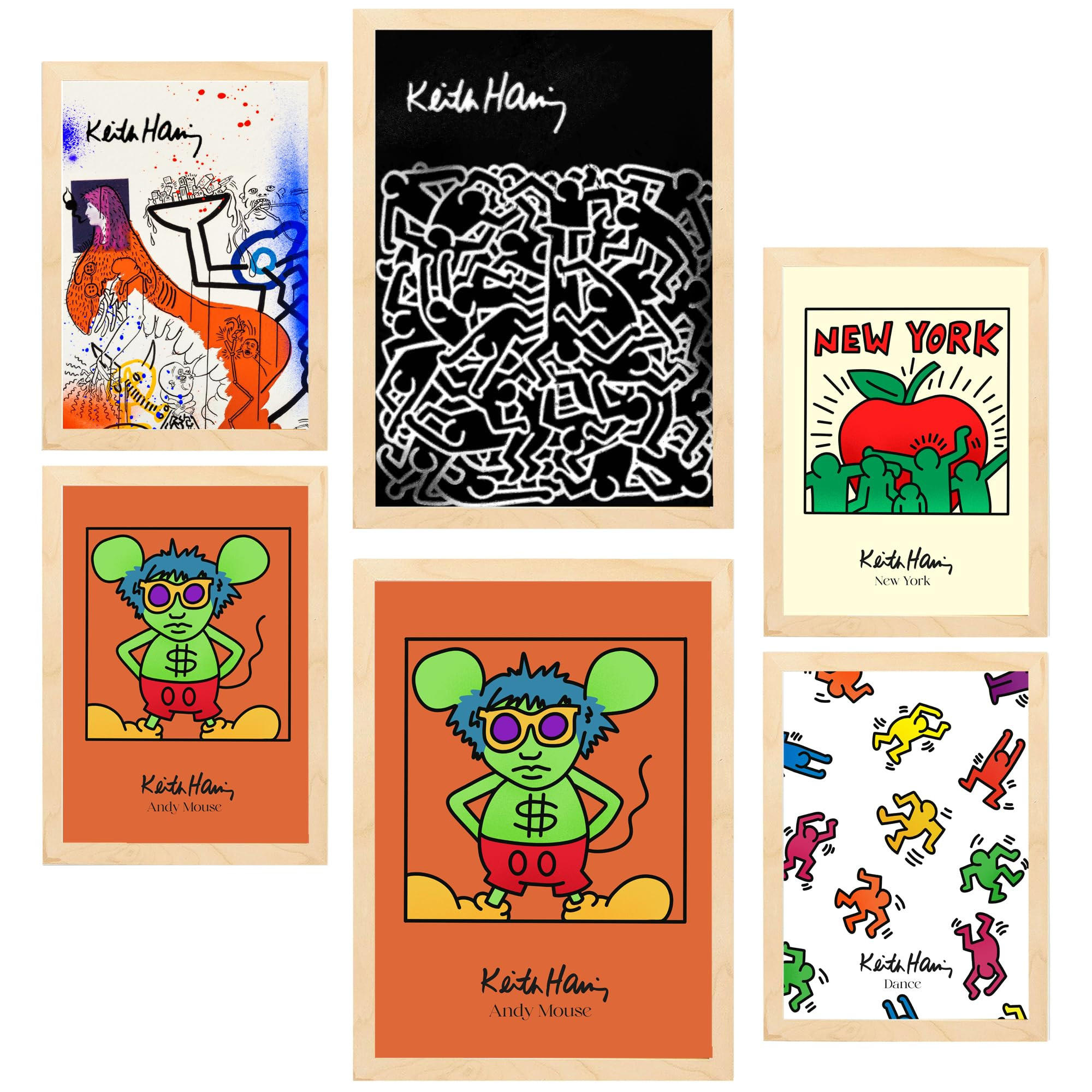POSTER Set Mit 6 Ikonische Keith Haring Pop Art A3 & A4 Rahmen Aus Hellem Holz - Beige, Papier (29/3cm) - Nacnic