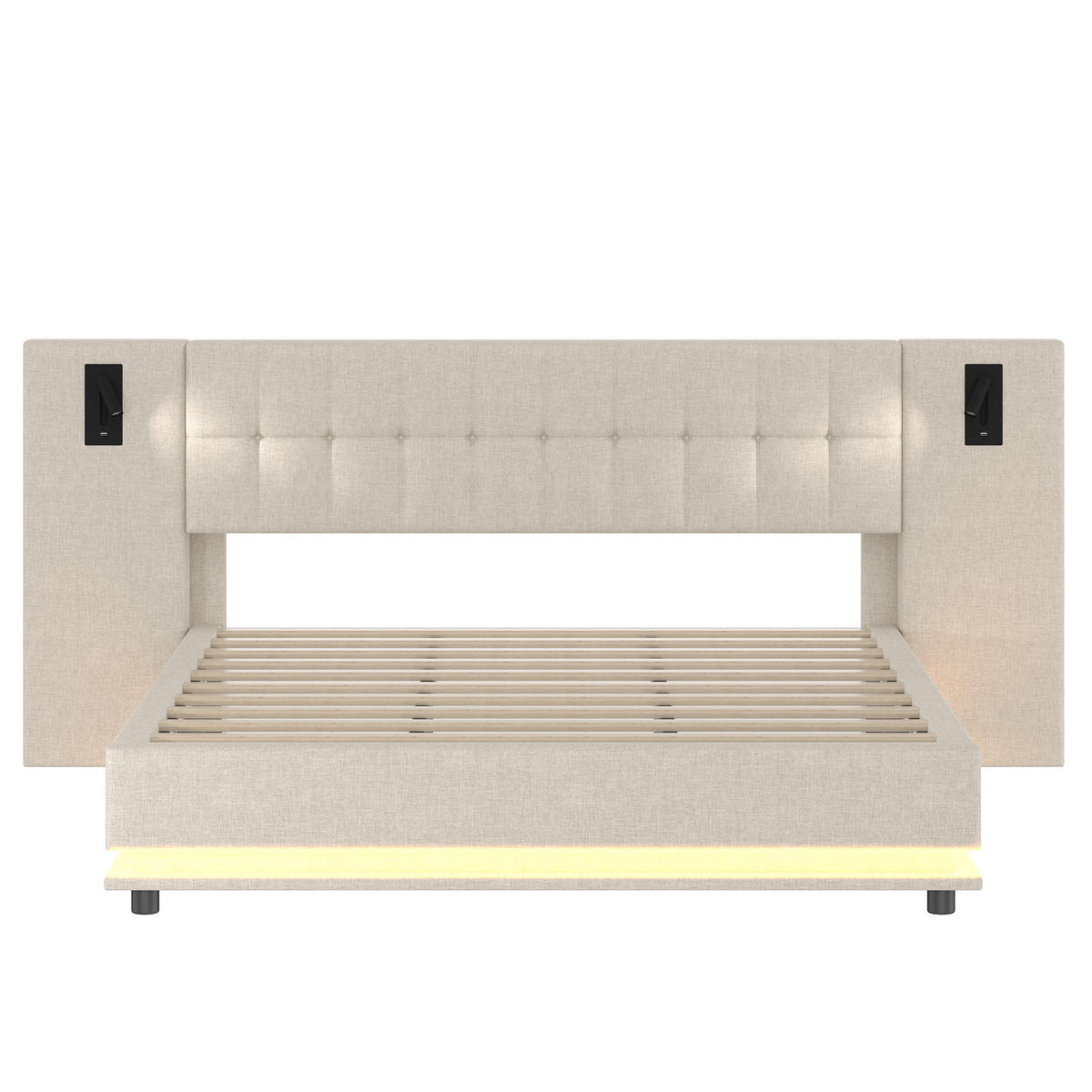 POLSTERBETT 180x200cm Beige Leinen LED-Leiste Kopfteil Spot USB - Beige, Holz (180/200cm) - FLIEKS