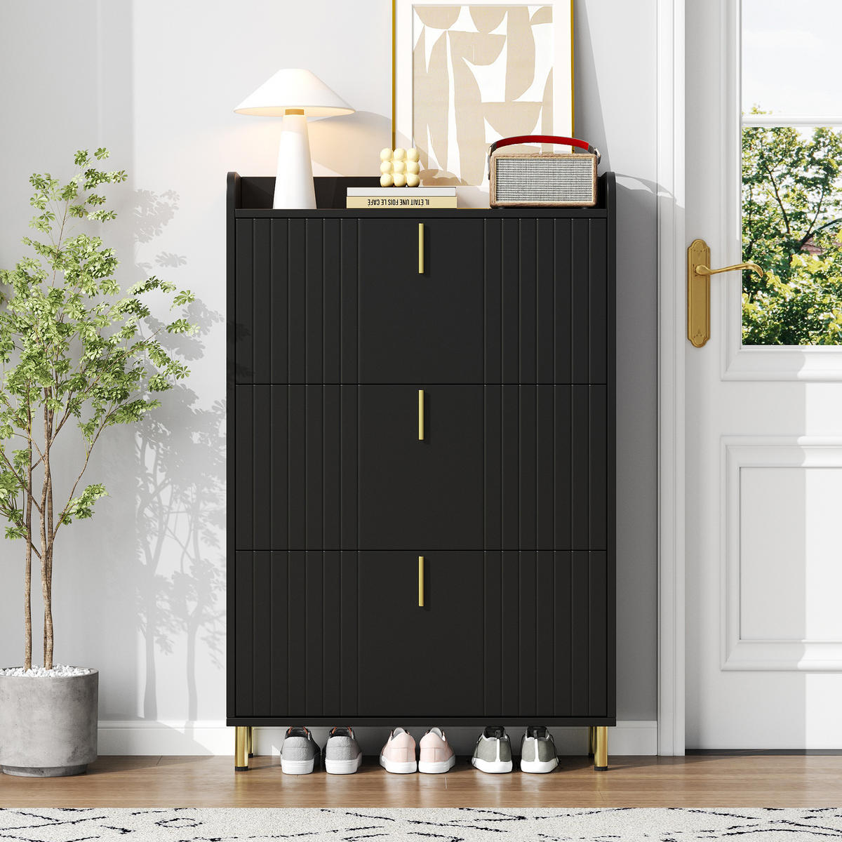 SCHUHSCHRANK aus MDF 80x23x123.5cm in Schwarz mit Anti-Kipp-Vorrichtung - Schwarz, Holzwerkstoff (80/123.5/23.5cm) - Modfu