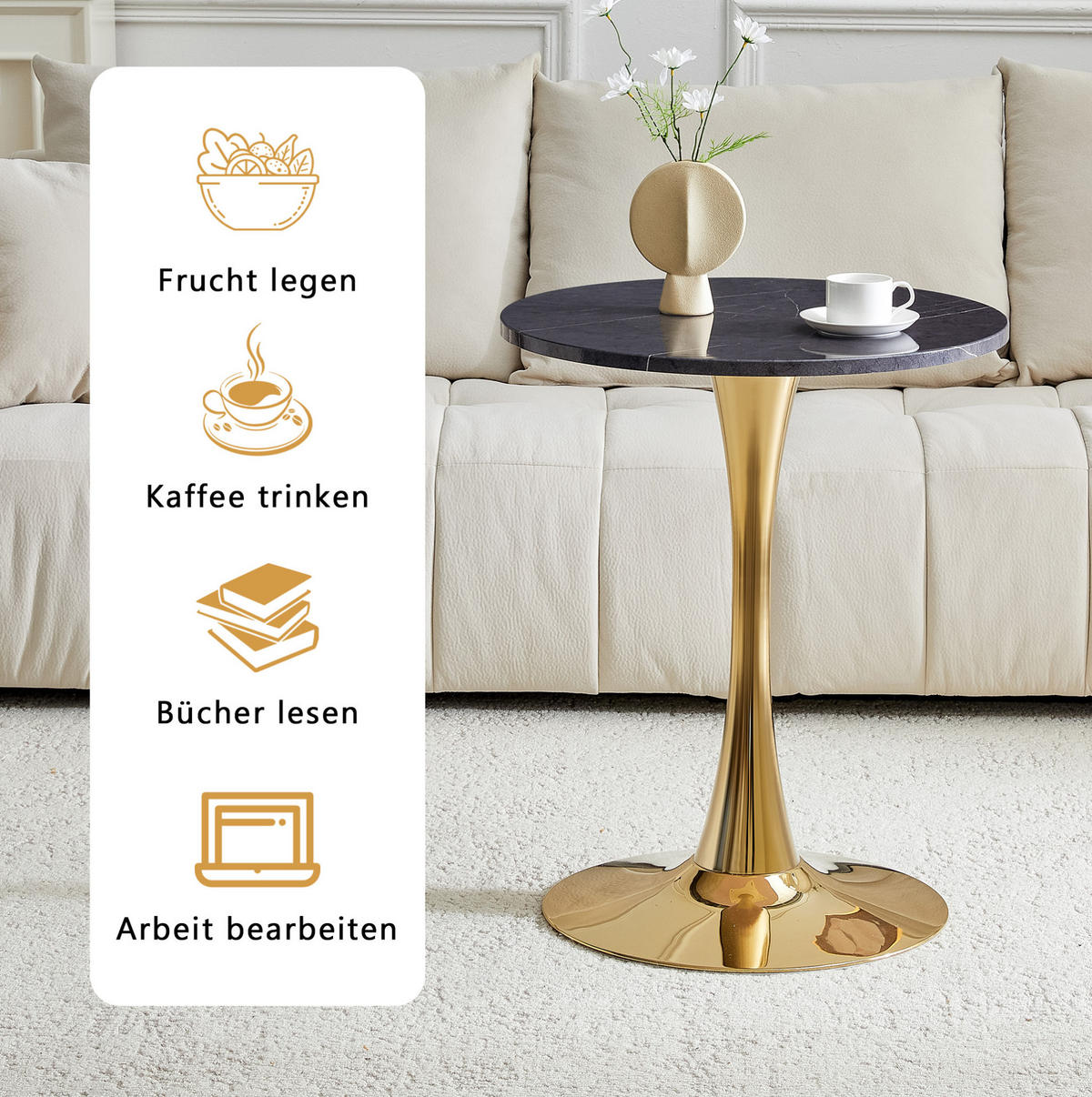BEISTELLTISCH aus MDF und Metall 60x60x72 cm Schwarz/Gold in Marmoroptik mit runder Tischplatte und stabilem Stand - Schwarz, Holzwerkstoff (60/60/72cm) - Modfu