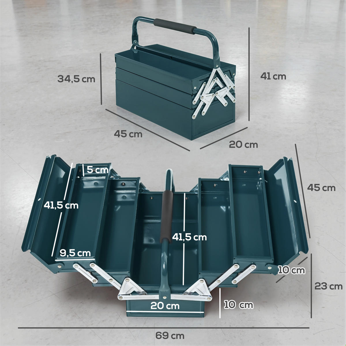 WERKZEUGKASTEN Werkzeugkoffer 5 Fächer aufklappbar Stahl 45 x 20 x 34,5cm - Dunkelgrün, Metall (20/34.5/45cm) - DURHAND