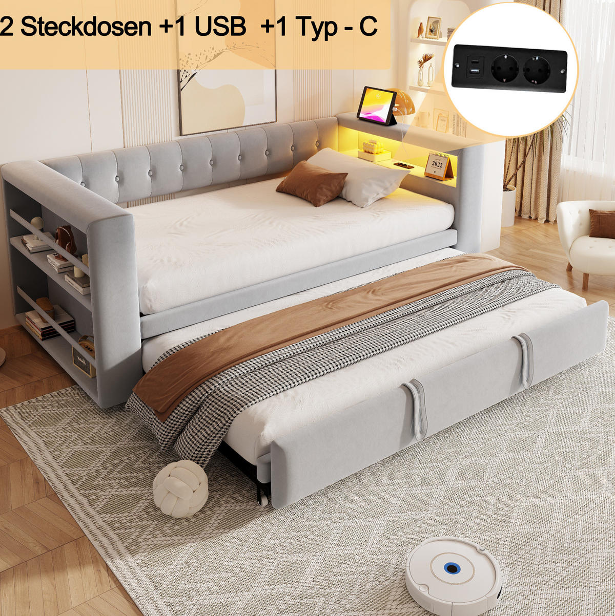 POLSTERBETT 90/190 cm mit LED-Beleuchtung, Steckdose und Armlehnen-Stauraum, Flanell, Hellgrau - Hellgrau, Textil (90/190cm) - Redom
