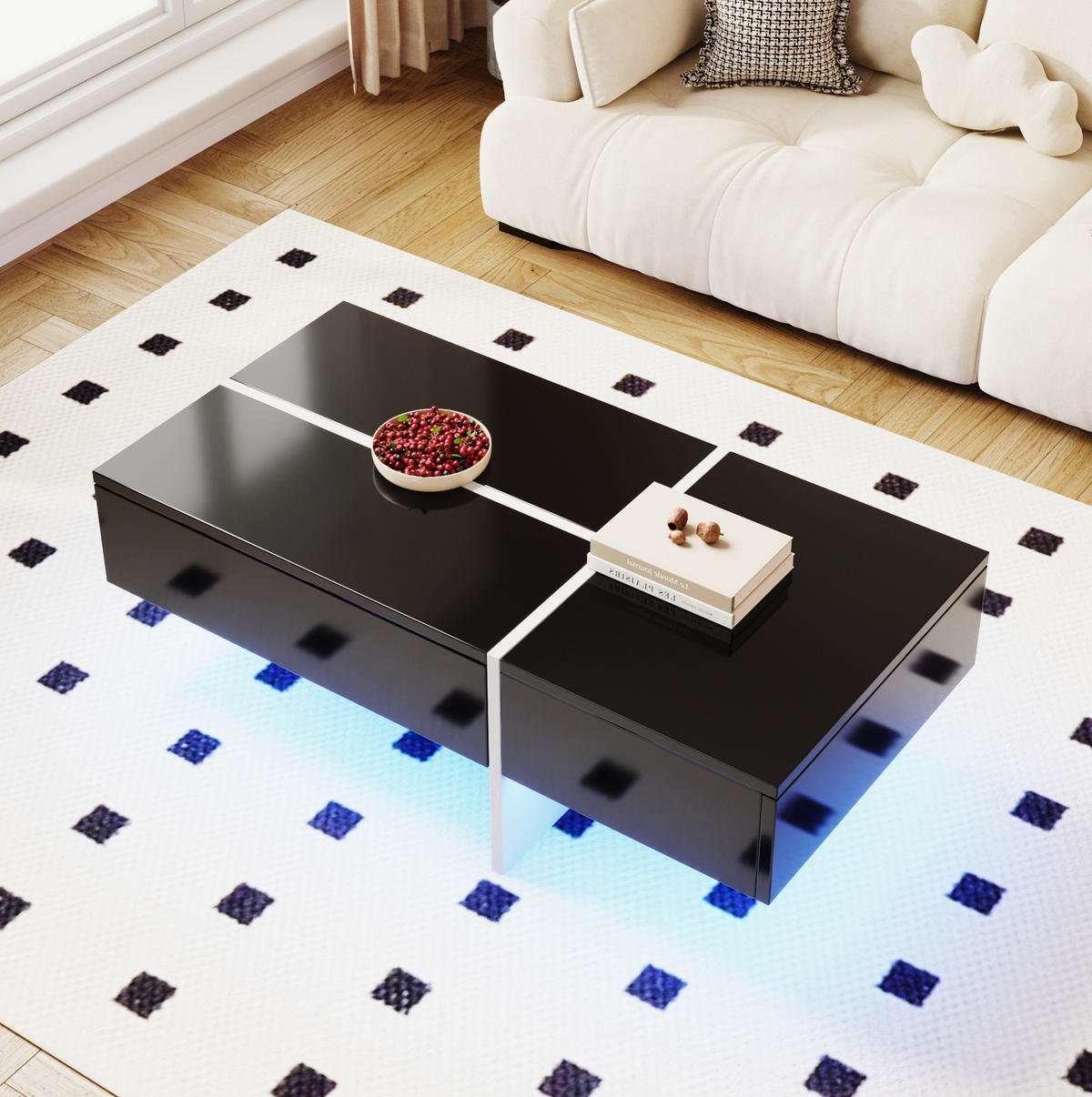 COUCHTISCH 100/50/34.5 cm schwarz aus Spanplatte mit LED-Beleuchtung und 3 Schubladen - Schwarz, Holzwerkstoff (100/50/34.5cm) - OKMYHOME