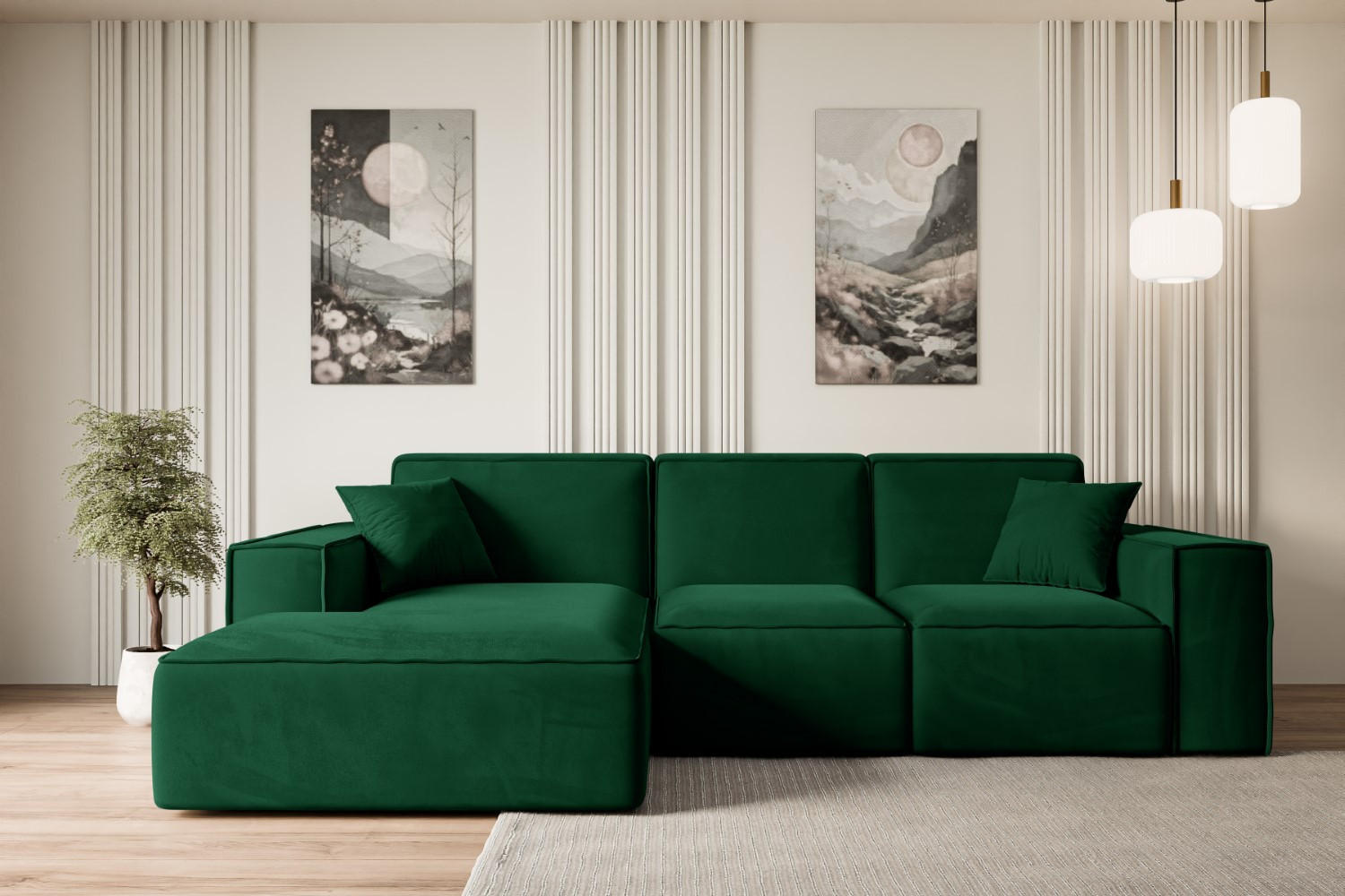ECKSOFA Ottomane Links SERRA-L - 266x165x73 cm Grün Velours - Schwarz/Grün, Holzwerkstoff/Kunststoff (165/266cm) - ALTDECOR