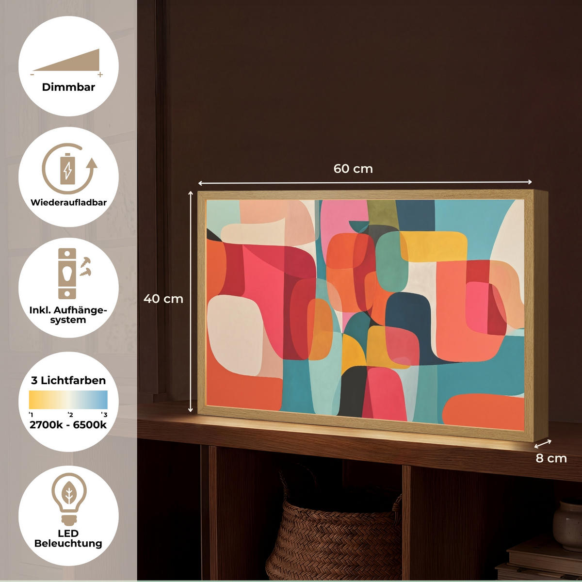 NÁSTĚNNÁ LAMPA S AKUMULÁTOREM Tvary - barevné - abstraktní - letadla 60x40 cm - různobarevná, kompozitní dřevo (60/40/8cm) - OnlyWow