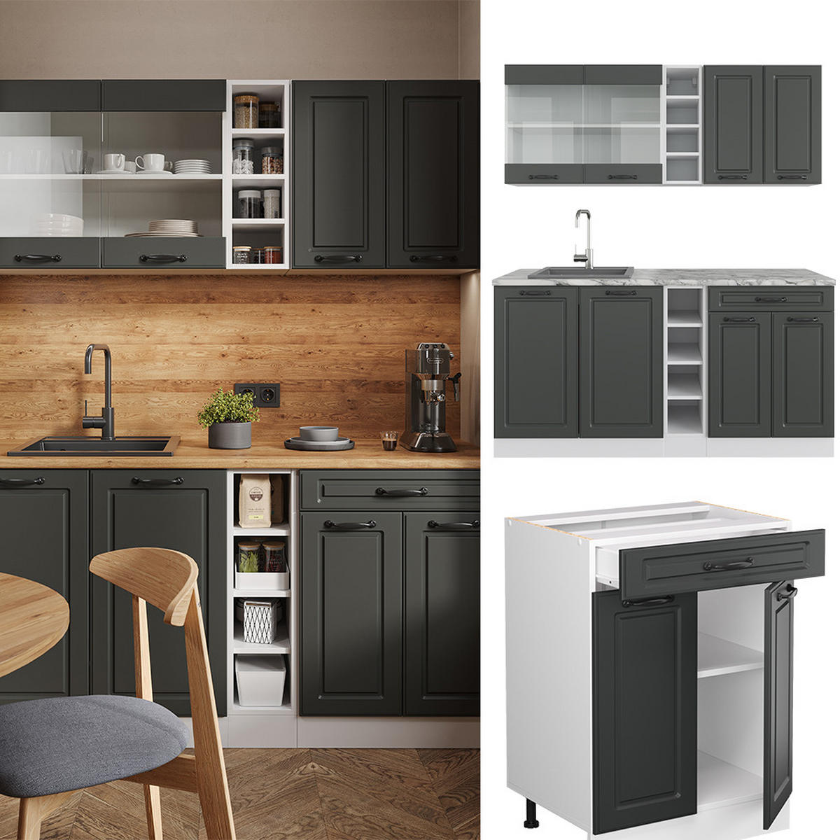 SINGLEKÜCHE R-Line Anthrazit Landhaus/Weiß 160 cm, AP Anthrazit - Dunkelgrau/Anthrazit, Holzwerkstoff (160/81.6/60cm) - Vicco