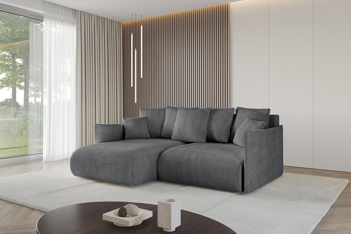 ECKSOFA mit Schlaffunktion und Bettkasten ONESK-L 208x165x40 Dunkelgrau Cord - Dunkelgrau, Holzwerkstoff/Kunststoff (208/165cm) - ALTDECOR