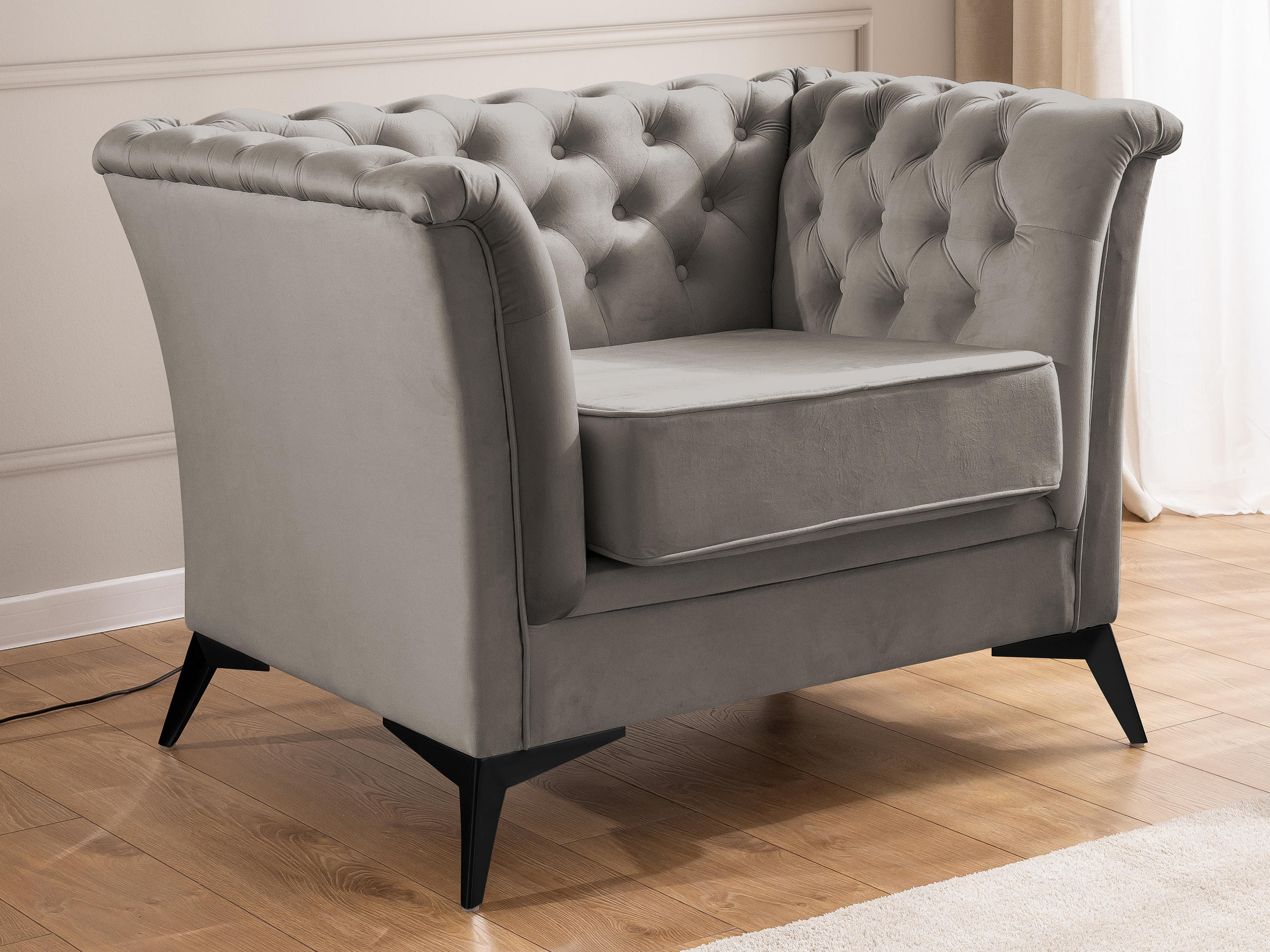 CHESTERFIELD-SESSEL Whitby Grau Samt mit schwarzen Füßen - Schwarz/Grau, Holz/Textil (116/78/82cm) - S-Style Möbel
